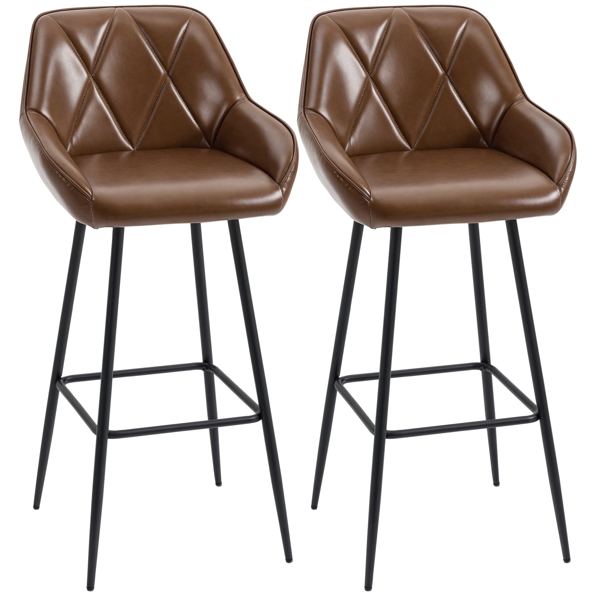 Set of 2 High Kitchen Stools Bar Stools Upholstered in PU with High Backrest Steel Legs and Footrest for Dining Room Load 120 kg 50x47.5x102.5 cm Brown