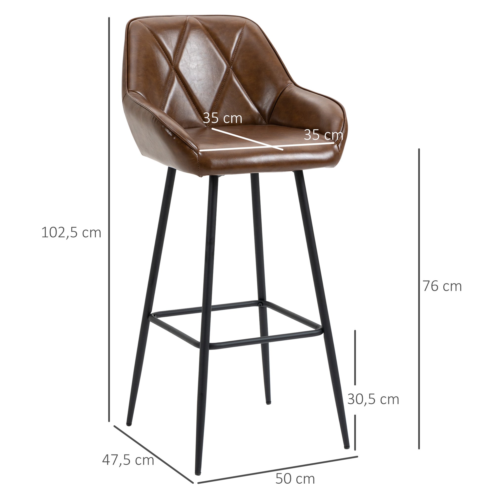 Set of 2 High Kitchen Stools Bar Stools Upholstered in PU with High Backrest Steel Legs and Footrest for Dining Room Load 120 kg 50x47.5x102.5 cm Brown