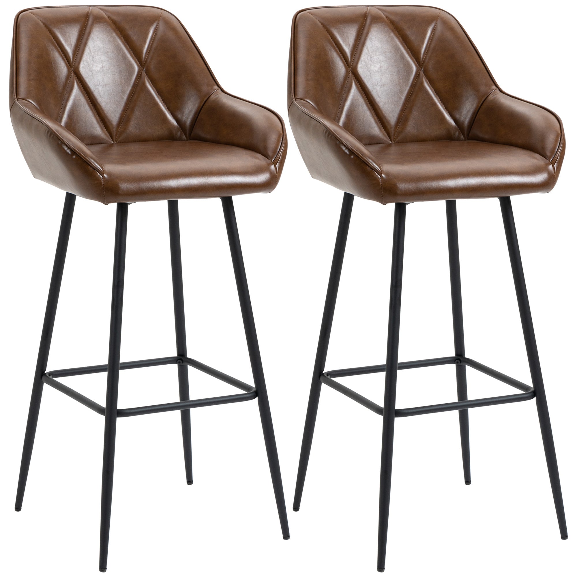 Set of 2 High Kitchen Stools Bar Stools Upholstered in PU with High Backrest Steel Legs and Footrest for Dining Room Load 120 kg 50x47.5x102.5 cm Brown
