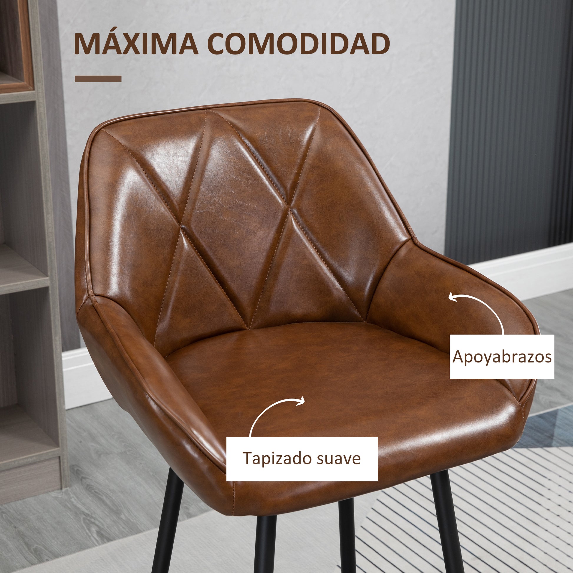 Set of 2 High Kitchen Stools Bar Stools Upholstered in PU with High Backrest Steel Legs and Footrest for Dining Room Load 120 kg 50x47.5x102.5 cm Brown
