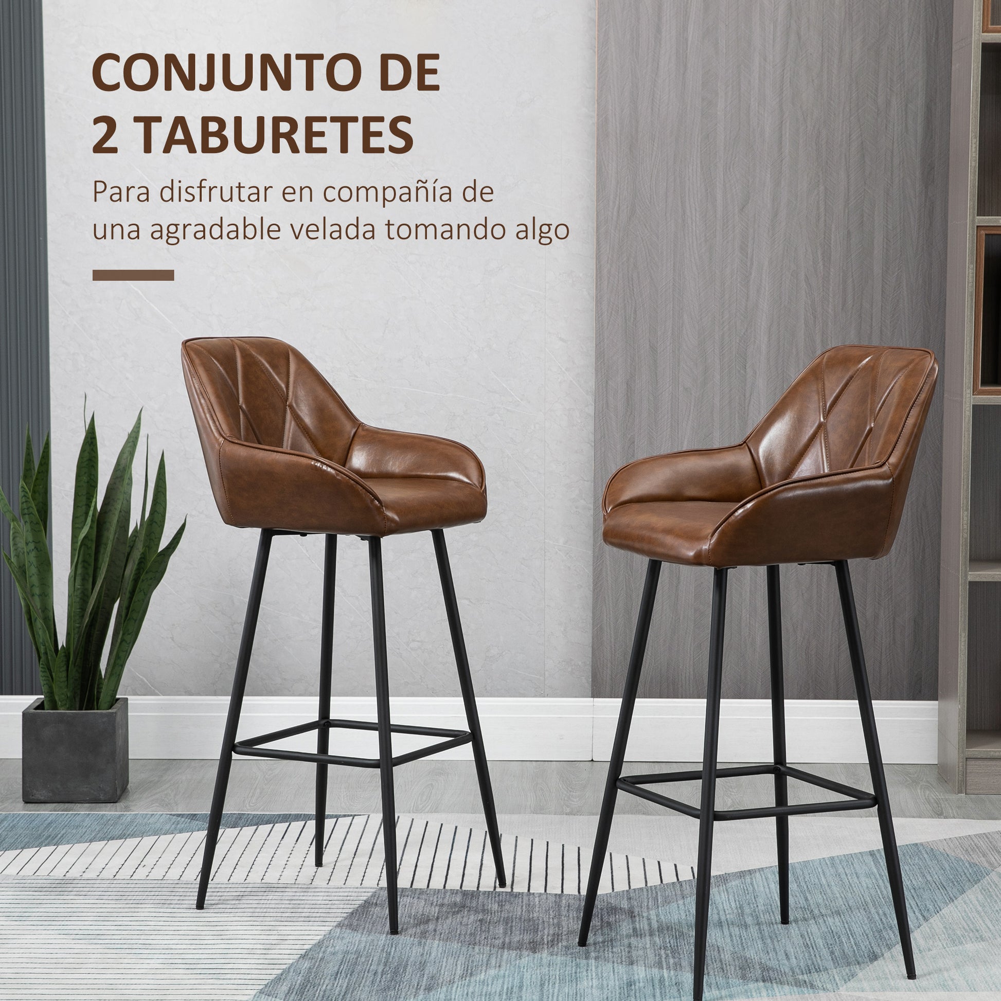 Set of 2 High Kitchen Stools Bar Stools Upholstered in PU with High Backrest Steel Legs and Footrest for Dining Room Load 120 kg 50x47.5x102.5 cm Brown