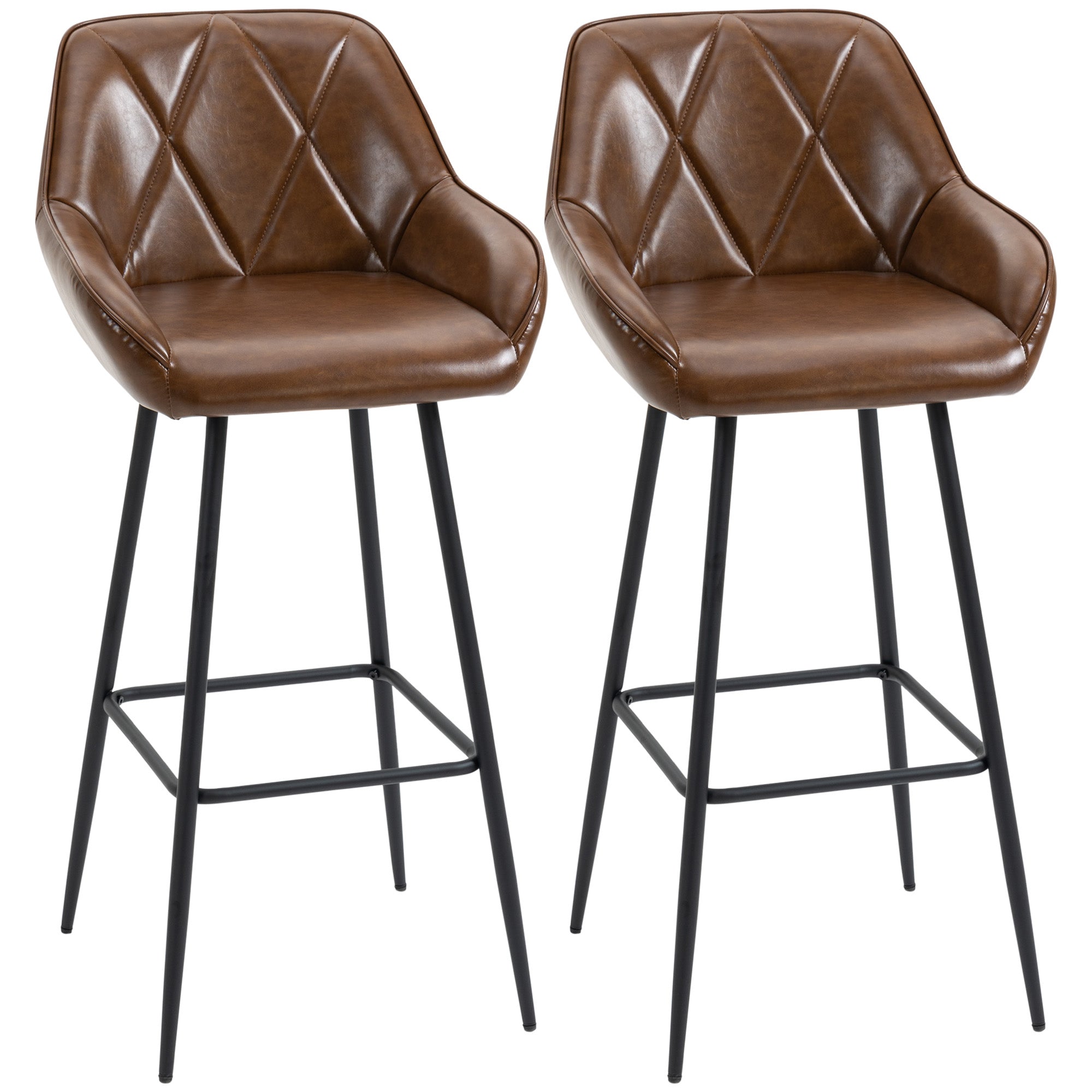 Set of 2 High Kitchen Stools Bar Stools Upholstered in PU with High Backrest Steel Legs and Footrest for Dining Room Load 120 kg 50x47.5x102.5 cm Brown