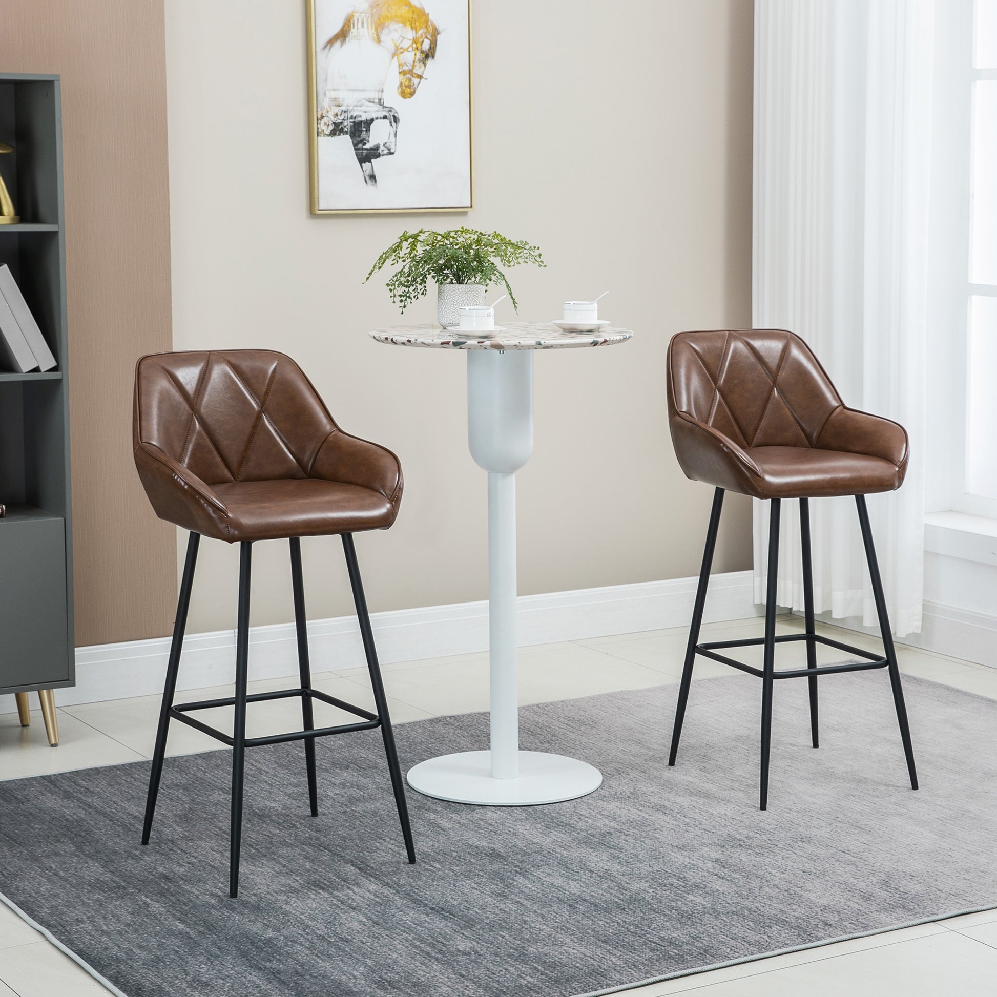Set of 2 High Kitchen Stools Bar Stools Upholstered in PU with High Backrest Steel Legs and Footrest for Dining Room Load 120 kg 50x47.5x102.5 cm Brown