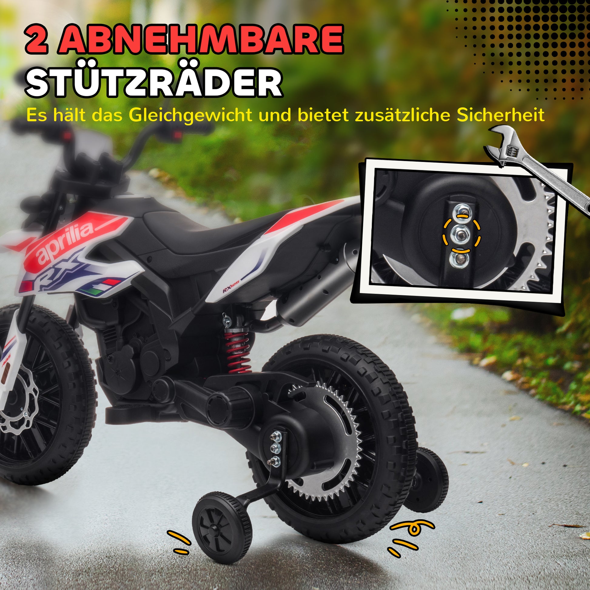 Electric Kids Motorcycle Aprilia Electric Motorcycle with USB, Training Wheels, Music, Headlights, Kids 6 km/h Electric Motorcycle with 2 Training Wheels for Children 3-8 Years Old White