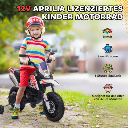 Electric Kids Motorcycle Aprilia Electric Motorcycle with USB, Training Wheels, Music, Headlights, Kids 6 km/h Electric Motorcycle with 2 Training Wheels for Children 3-8 Years Old White