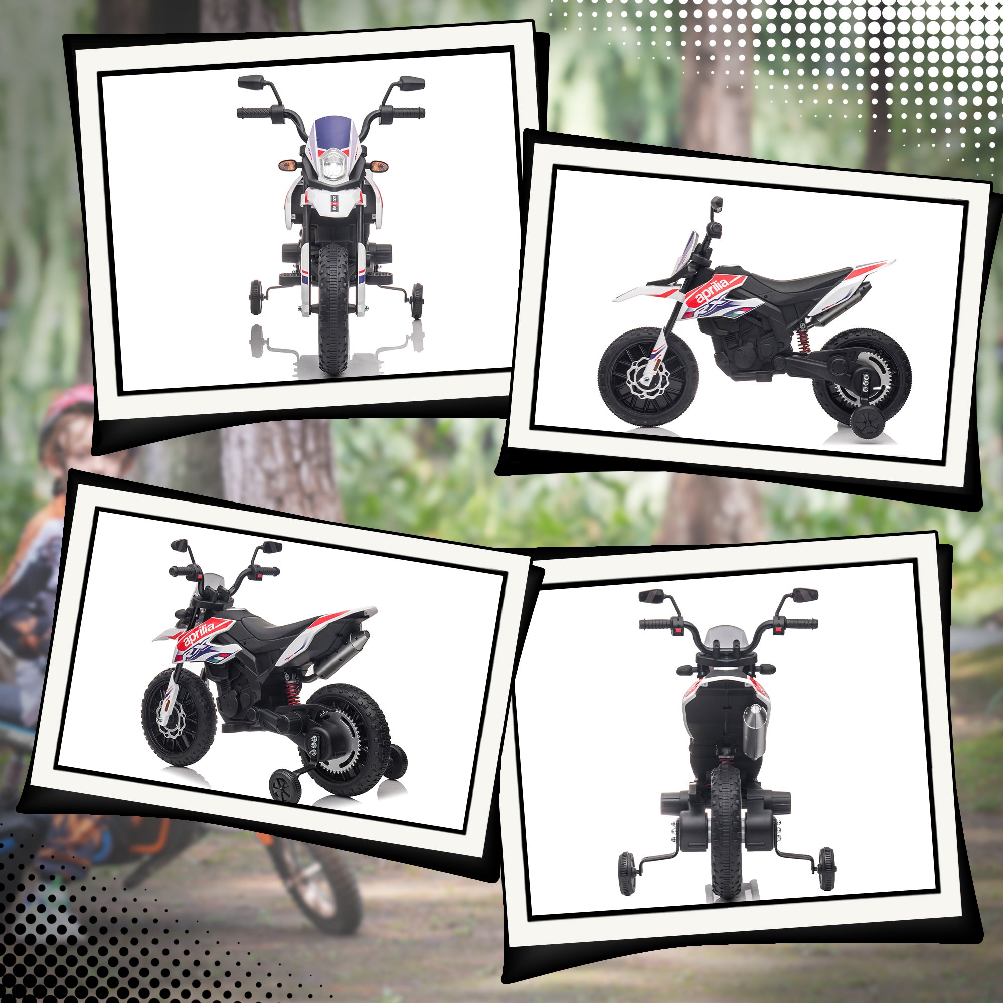 Electric Kids Motorcycle Aprilia Electric Motorcycle with USB, Training Wheels, Music, Headlights, Kids 6 km/h Electric Motorcycle with 2 Training Wheels for Children 3-8 Years Old White