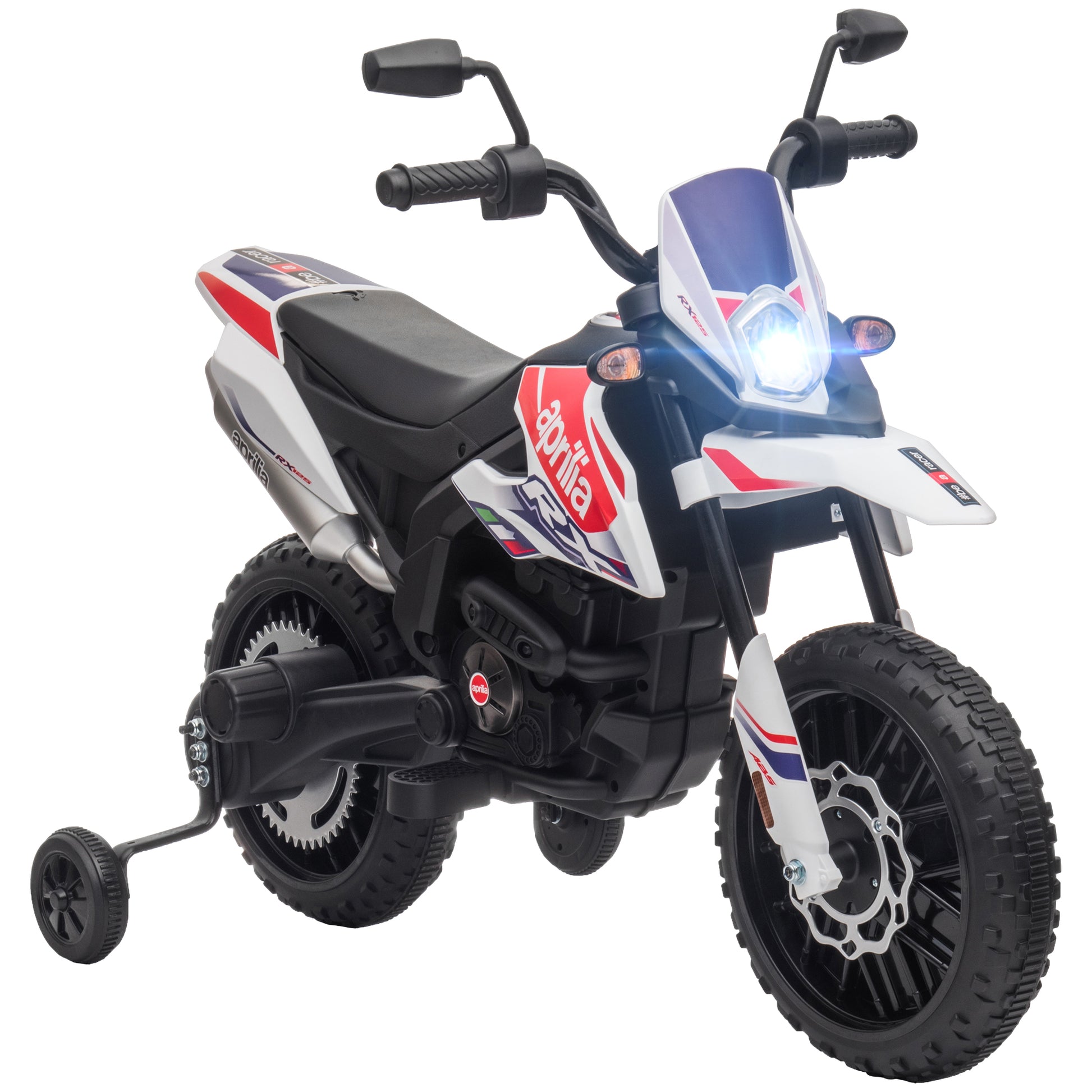 Electric Kids Motorcycle Aprilia Electric Motorcycle with USB, Training Wheels, Music, Headlights, Kids 6 km/h Electric Motorcycle with 2 Training Wheels for Children 3-8 Years Old White