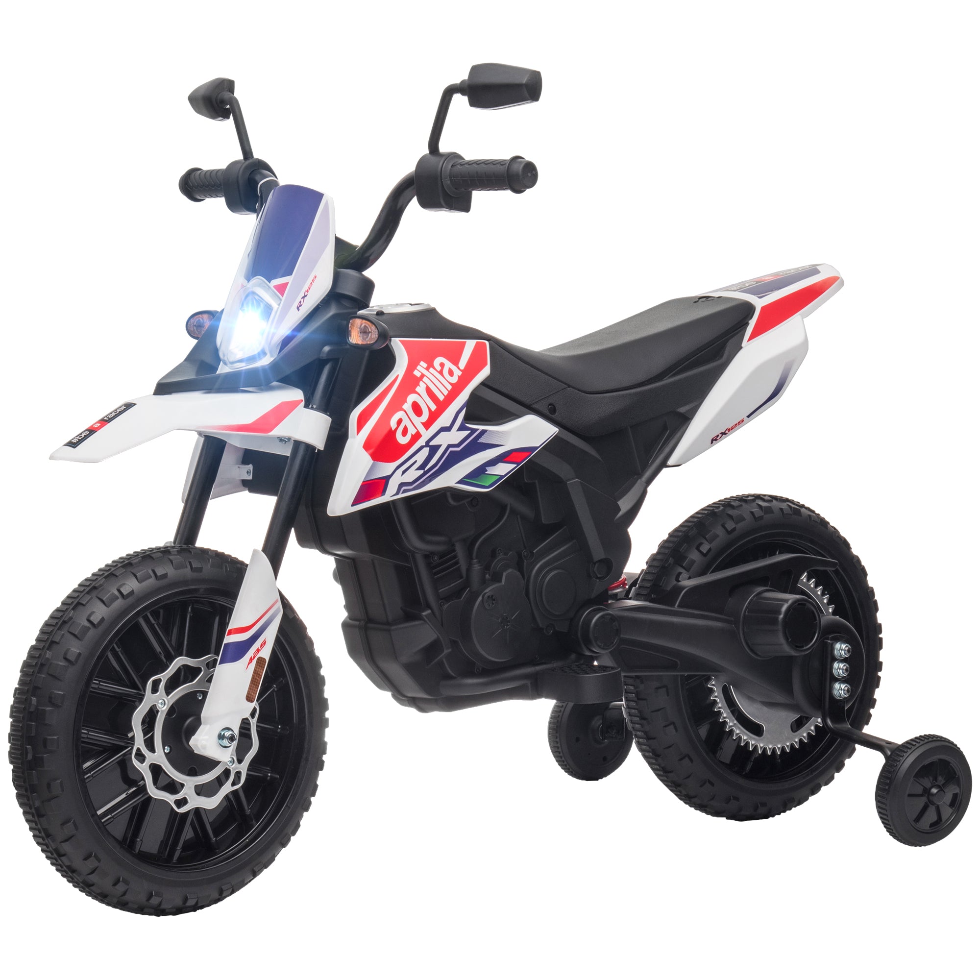 Electric Kids Motorcycle Aprilia Electric Motorcycle with USB, Training Wheels, Music, Headlights, Kids 6 km/h Electric Motorcycle with 2 Training Wheels for Children 3-8 Years Old White
