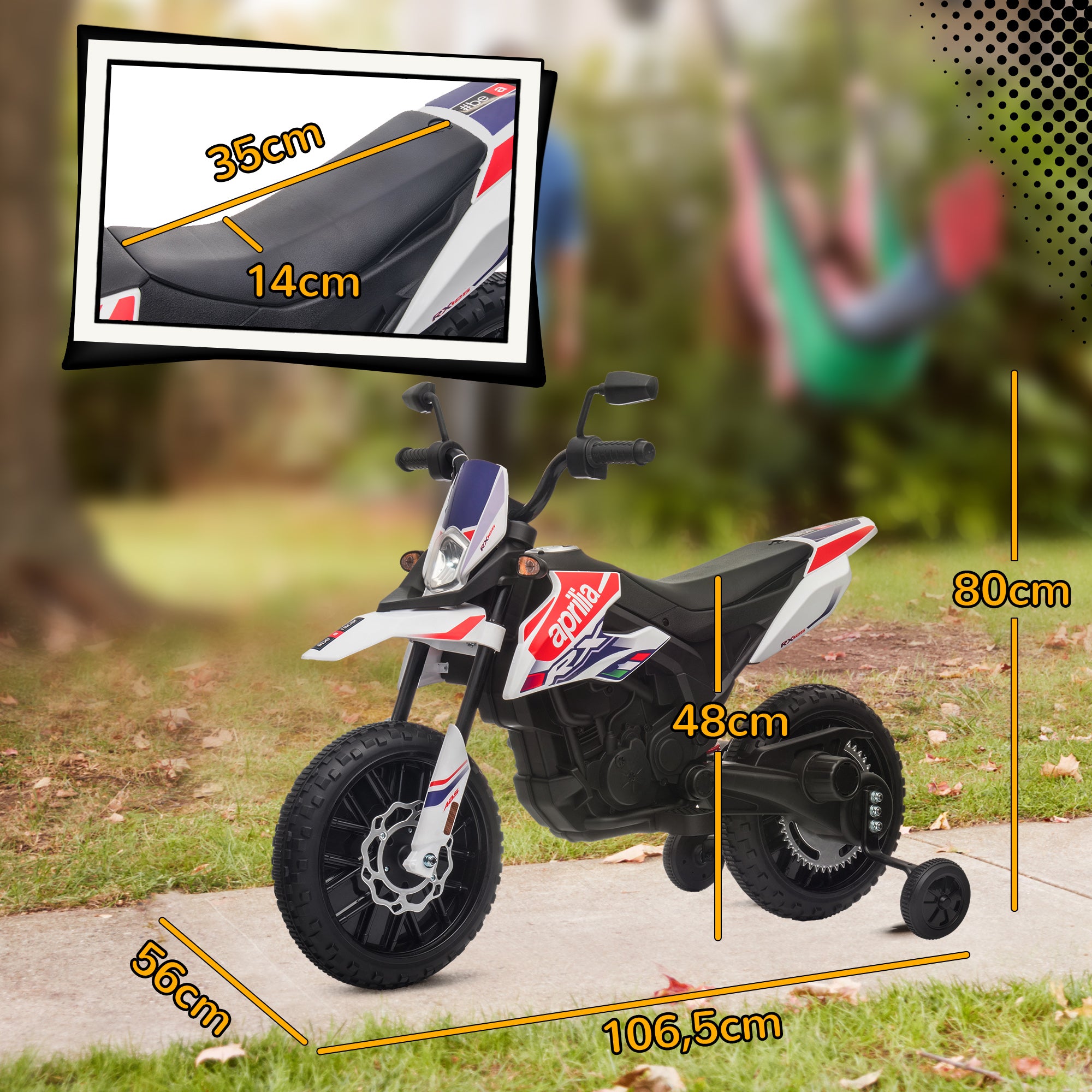 Electric Kids Motorcycle Aprilia Electric Motorcycle with USB, Training Wheels, Music, Headlights, Kids 6 km/h Electric Motorcycle with 2 Training Wheels for Children 3-8 Years Old White