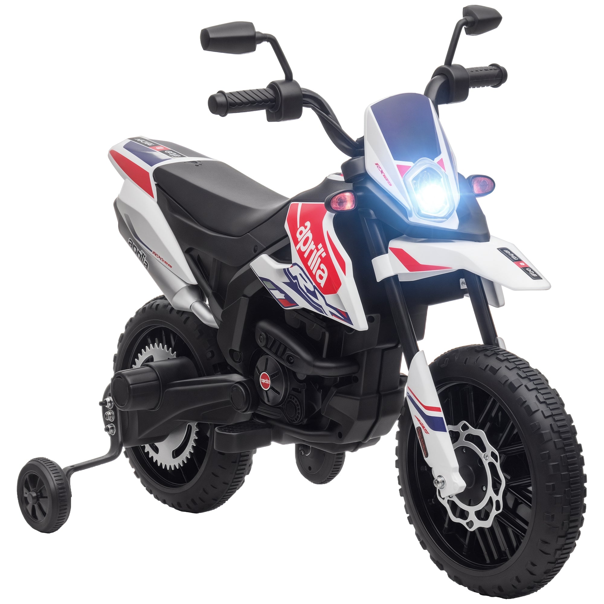 Electric Kids Motorcycle Aprilia Electric Motorcycle with USB, Training Wheels, Music, Headlights, Kids 6 km/h Electric Motorcycle with 2 Training Wheels for Children 3-8 Years Old White
