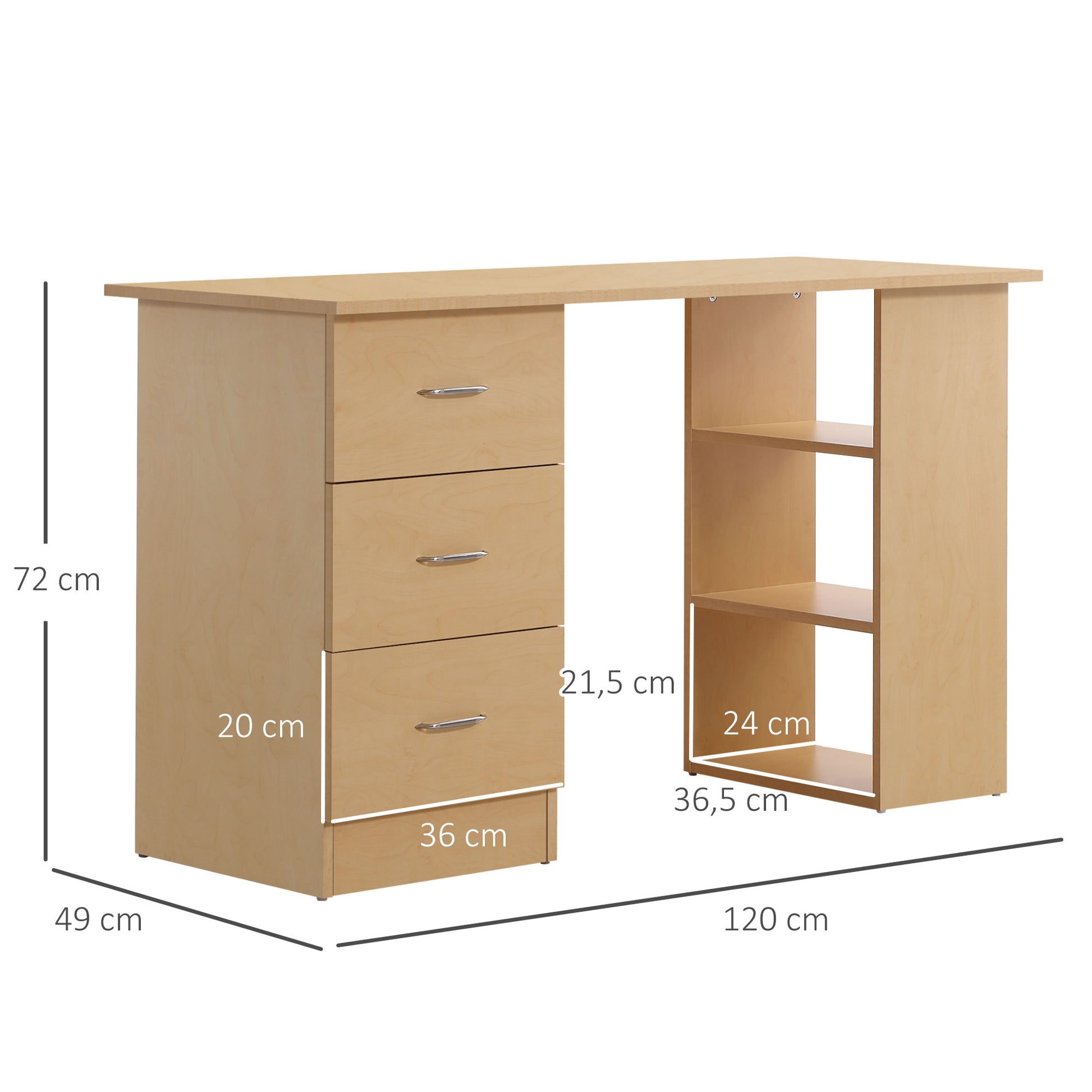 Desk with Storage, Computer Table 120 x 50 cm, Computer Desk with Shelves and Drawers, for Small Spaces, Bedroom, Light Wood Look