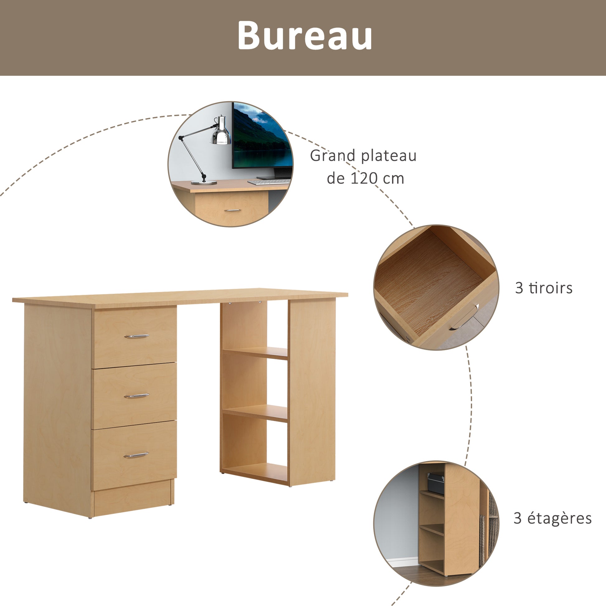 Desk with Storage, Computer Table 120 x 50 cm, Computer Desk with Shelves and Drawers, for Small Spaces, Bedroom, Light Wood Look