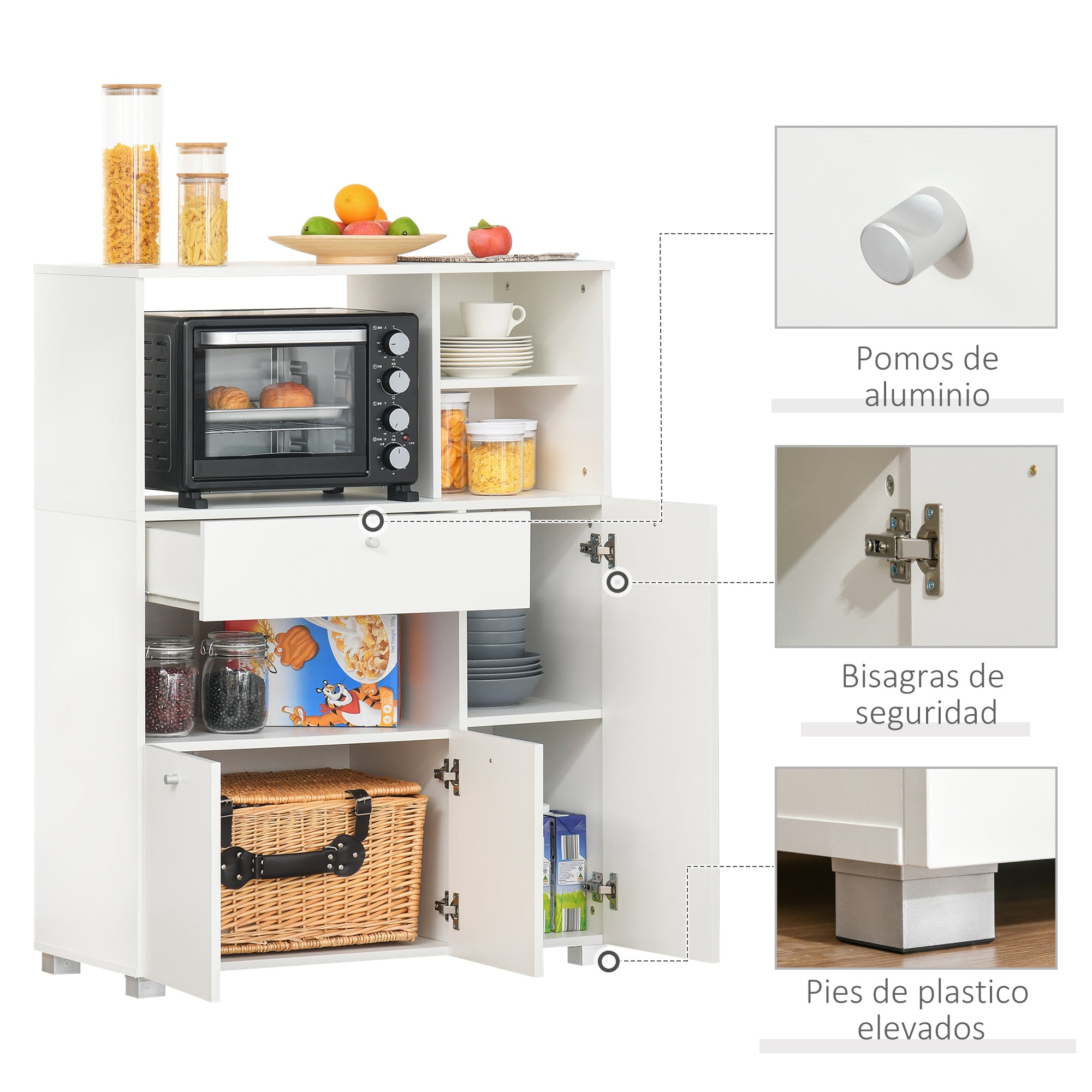 Kitchen Storage Cabinet Microwave Cart Kitchen Sideboard with Drawer Shelves 3 Doors 3 Compartments Anti-Tipping Design for Dining Room 90x40x120 cm White