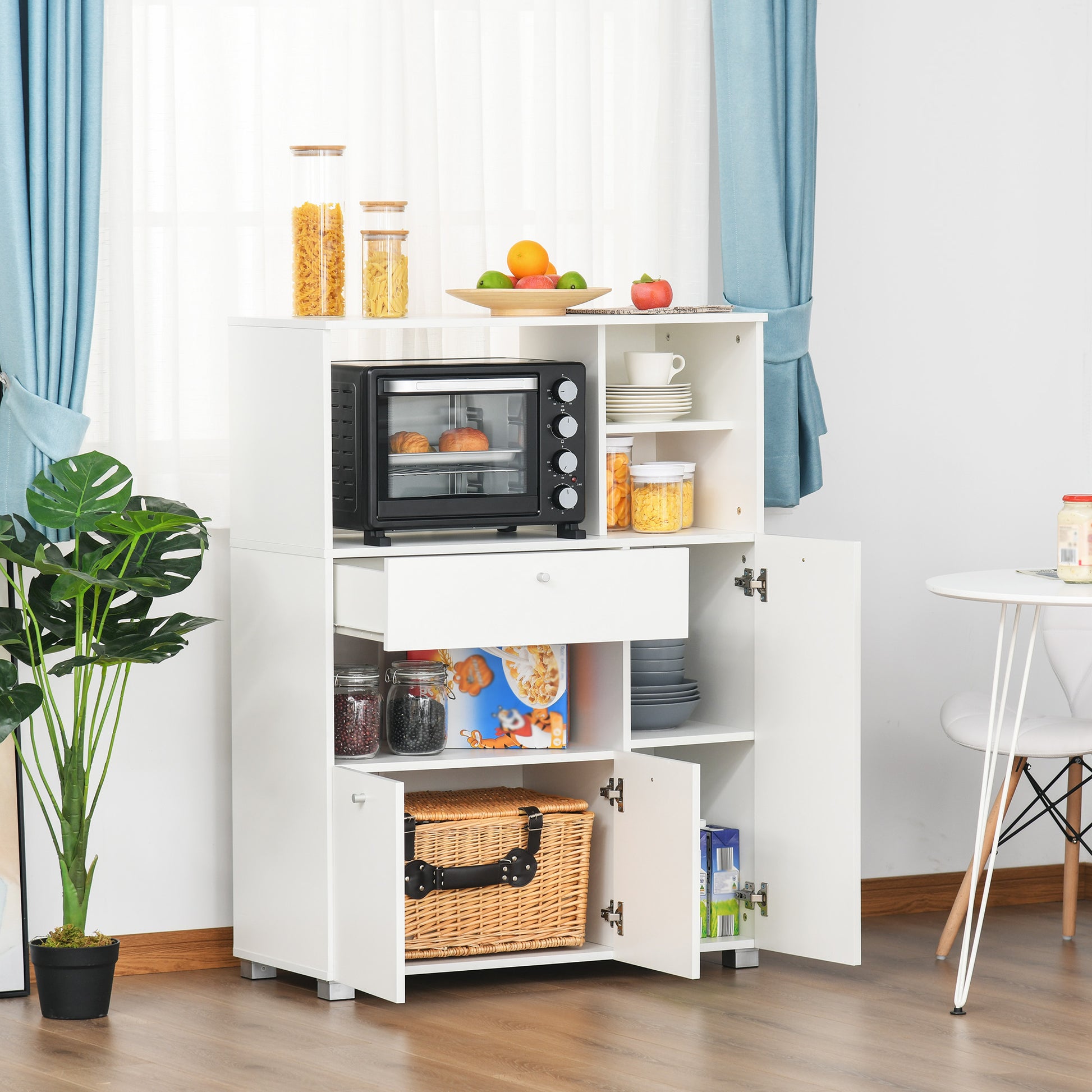 Kitchen Storage Cabinet Microwave Cart Kitchen Sideboard with Drawer Shelves 3 Doors 3 Compartments Anti-Tipping Design for Dining Room 90x40x120 cm White