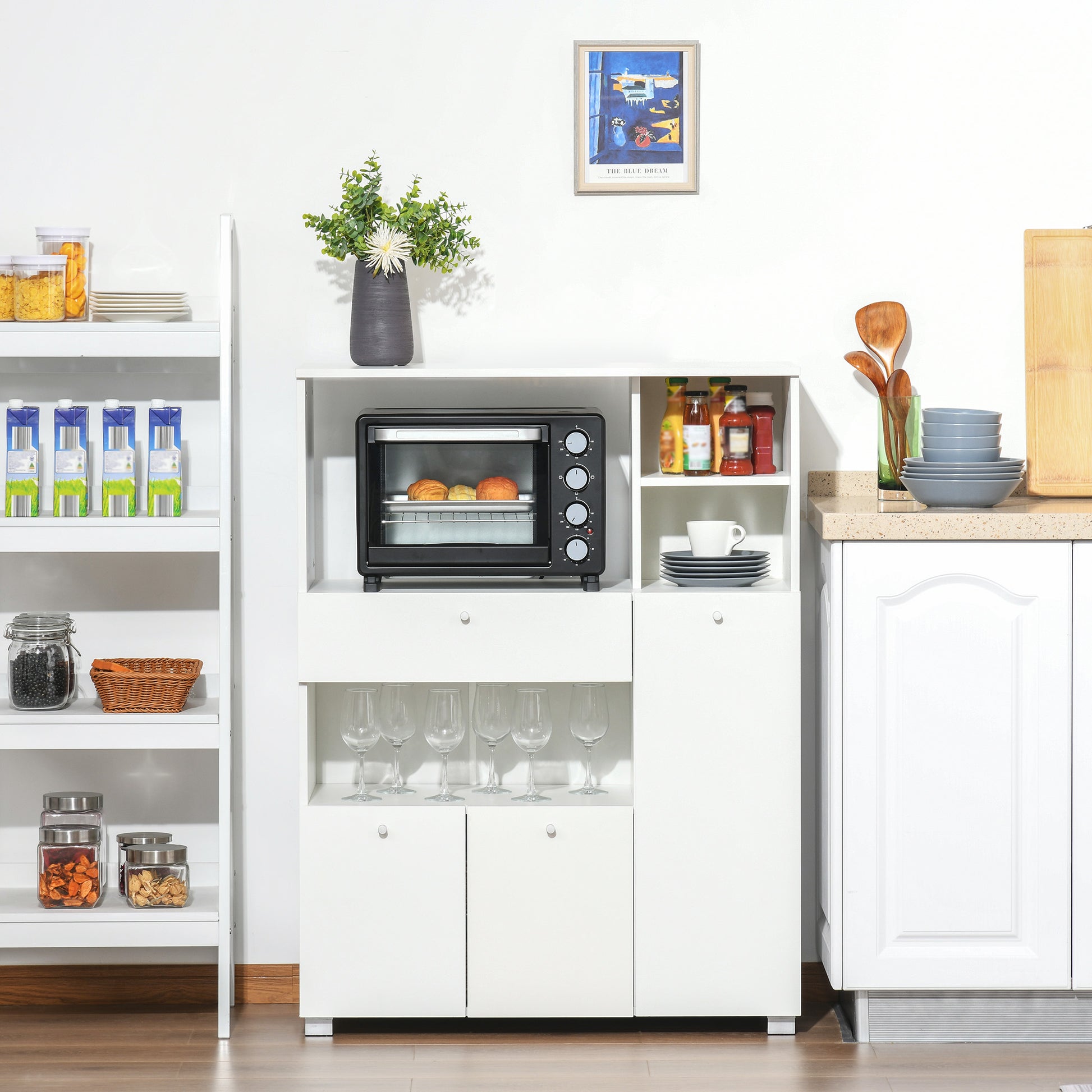 Kitchen Storage Cabinet Microwave Cart Kitchen Sideboard with Drawer Shelves 3 Doors 3 Compartments Anti-Tipping Design for Dining Room 90x40x120 cm White