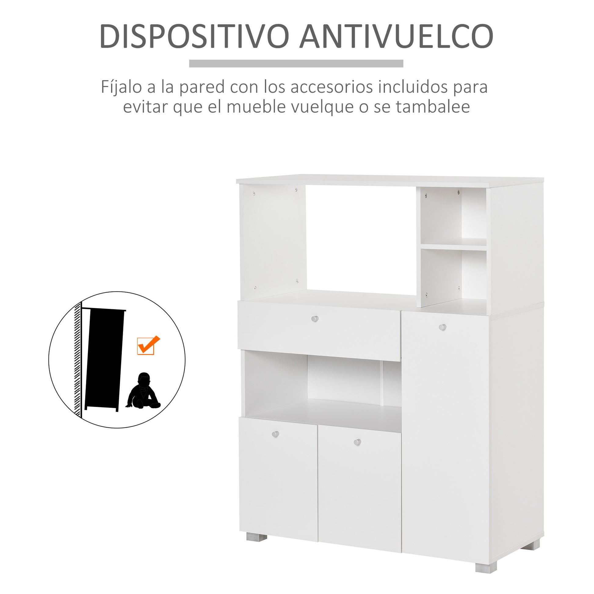 Kitchen Storage Cabinet Microwave Cart Kitchen Sideboard with Drawer Shelves 3 Doors 3 Compartments Anti-Tipping Design for Dining Room 90x40x120 cm White