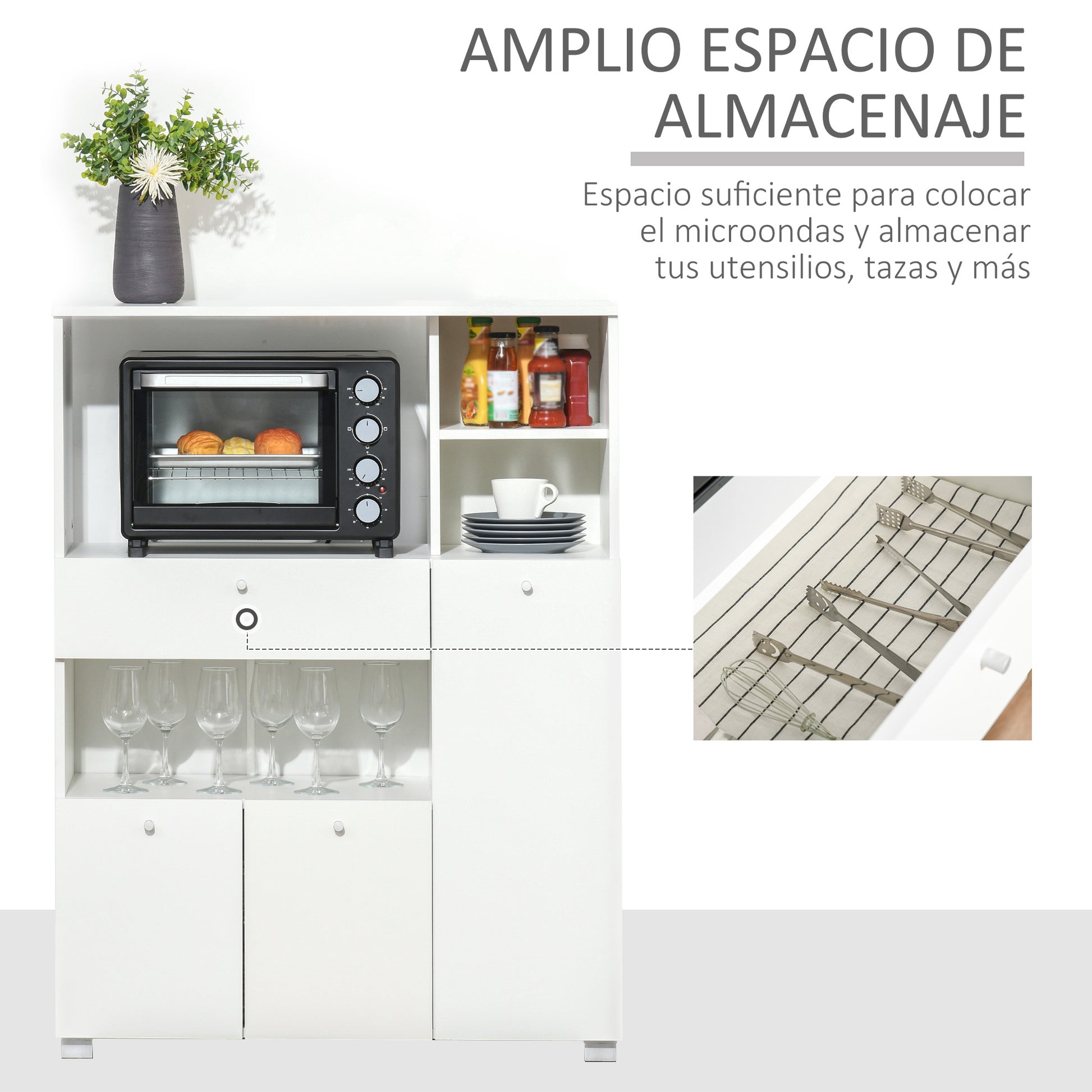 Kitchen Storage Cabinet Microwave Cart Kitchen Sideboard with Drawer Shelves 3 Doors 3 Compartments Anti-Tipping Design for Dining Room 90x40x120 cm White