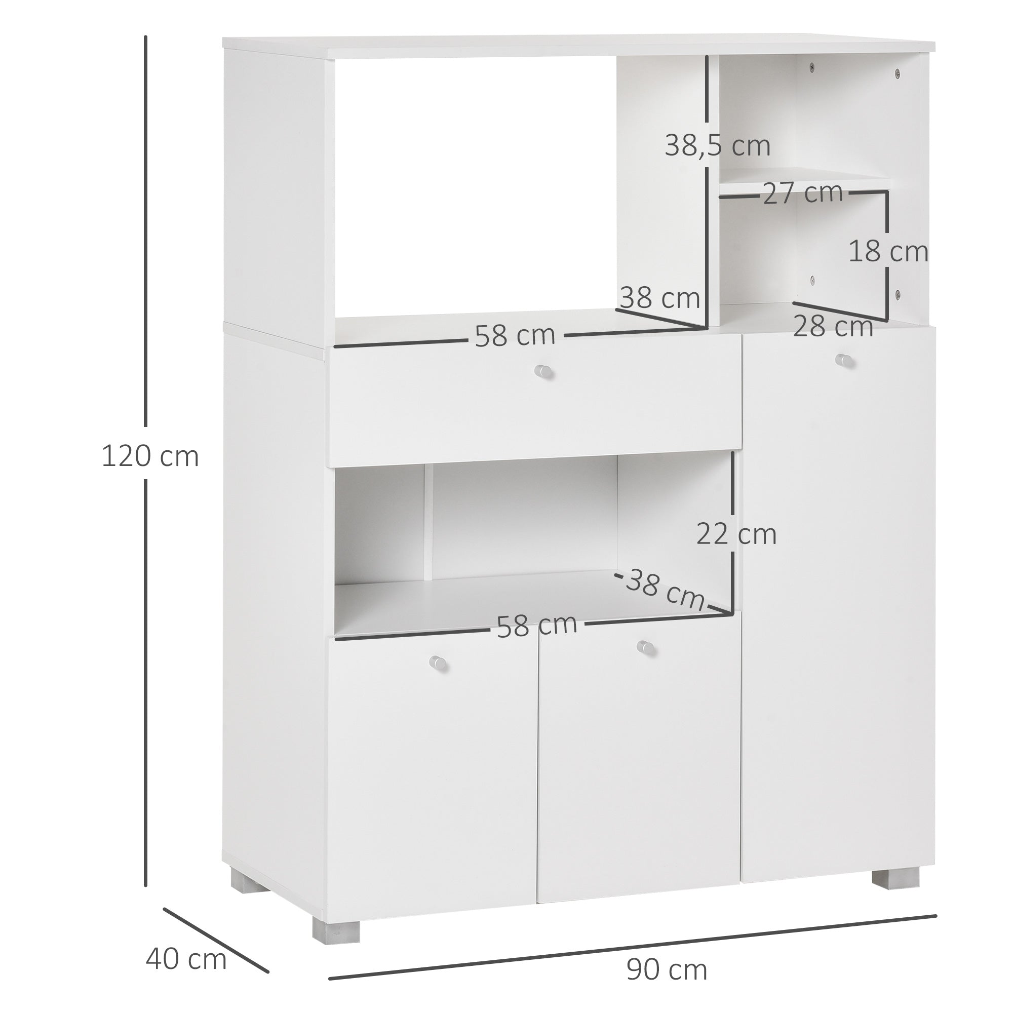 Kitchen Storage Cabinet Microwave Cart Kitchen Sideboard with Drawer Shelves 3 Doors 3 Compartments Anti-Tipping Design for Dining Room 90x40x120 cm White