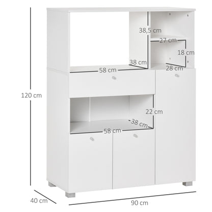 Kitchen Storage Cabinet Microwave Cart Kitchen Sideboard with Drawer Shelves 3 Doors 3 Compartments Anti-Tipping Design for Dining Room 90x40x120 cm White