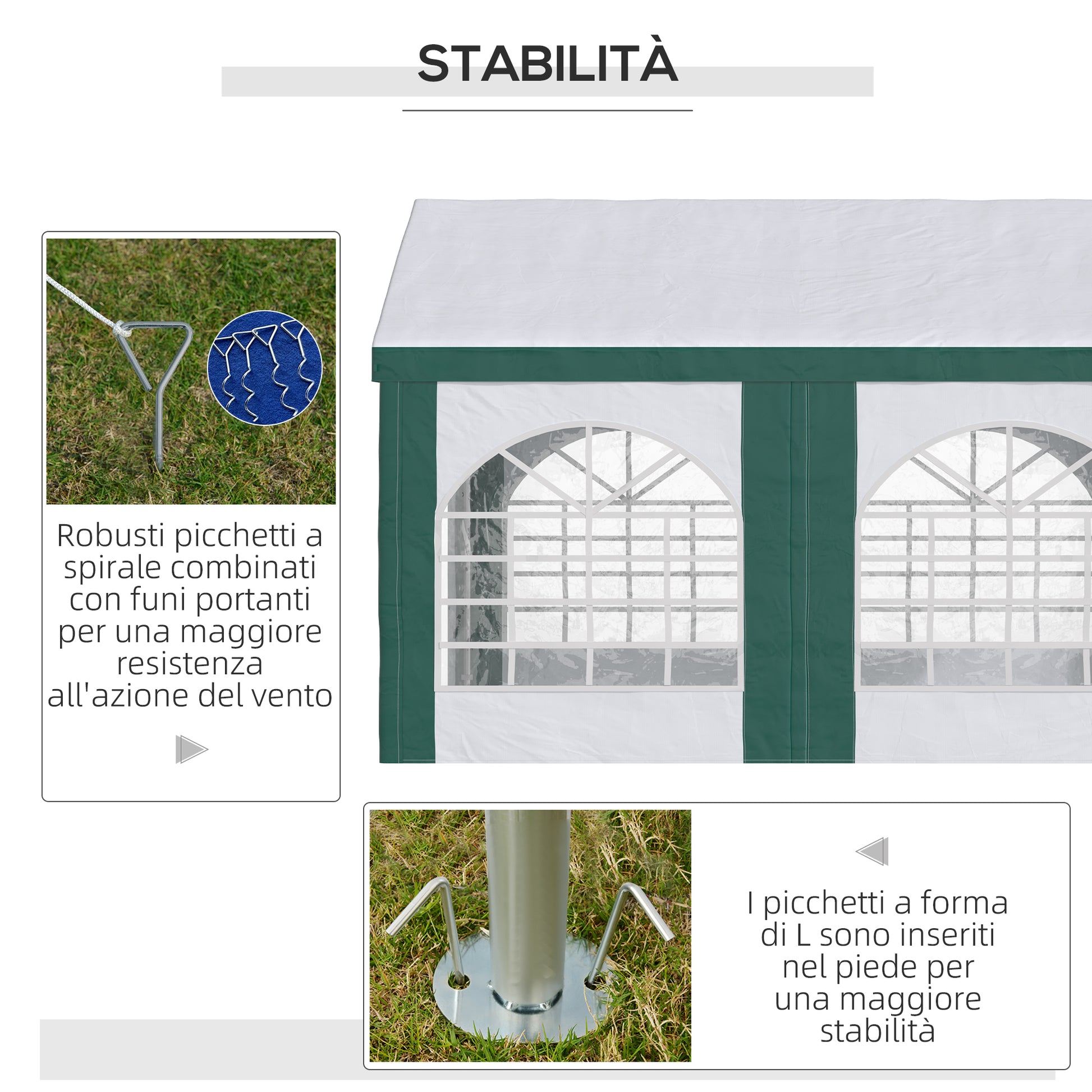 Steel, PE and PVC Garden Party Tent, Gazebo 3x4m for 12 People with Double Entrance, Pegs and Ropes Included, White and Green
