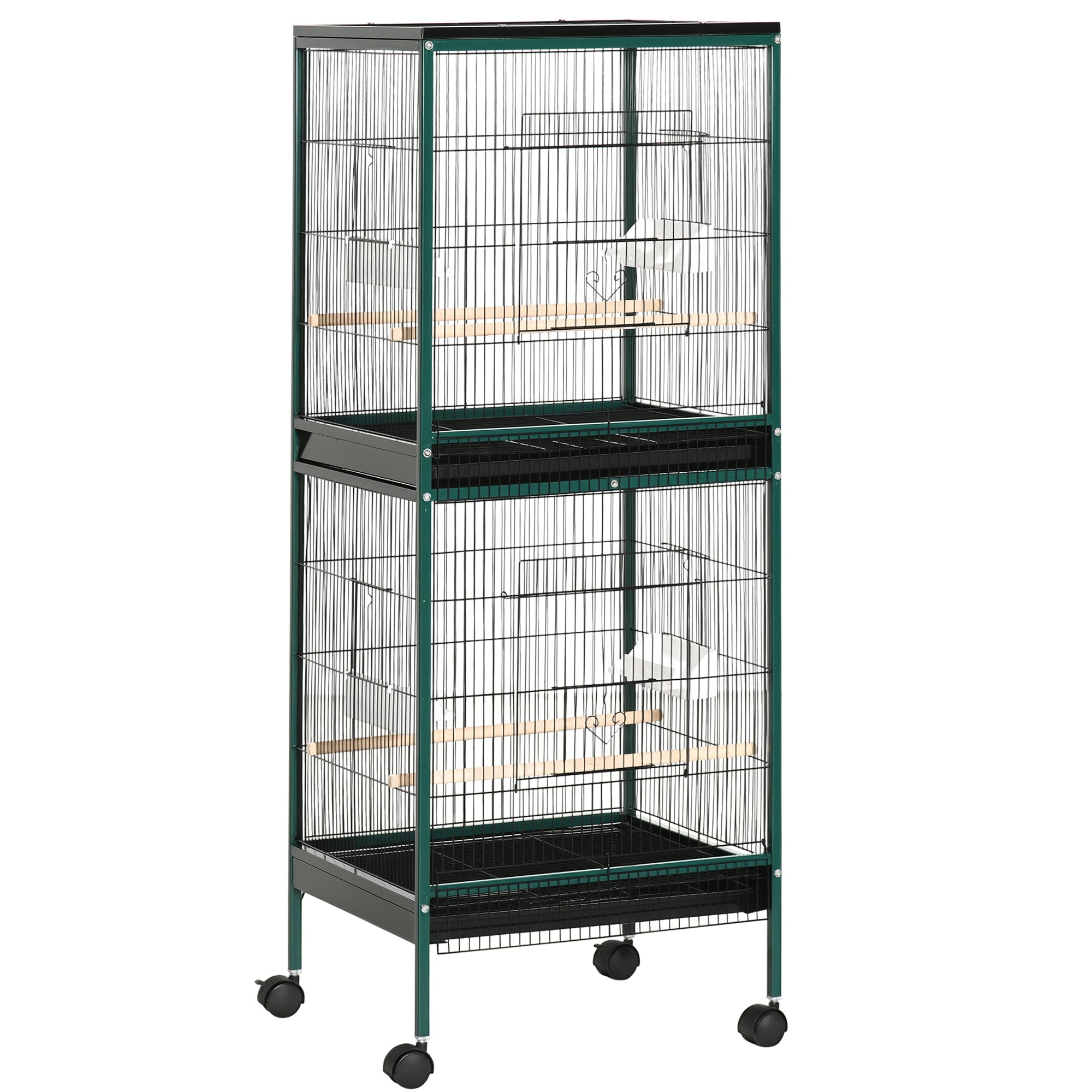 Large Bird Cage on Stand - Double Aviary with Feeders Perches Removable Tray - Wheels - 51.5 x 50 x 140 cm Green Black
