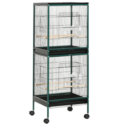 Large Bird Cage on Stand - Double Aviary with Feeders Perches Removable Tray - Wheels - 51.5 x 50 x 140 cm Green Black