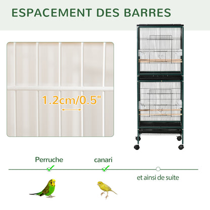 Large Bird Cage on Stand - Double Aviary with Feeders Perches Removable Tray - Wheels - 51.5 x 50 x 140 cm Green Black