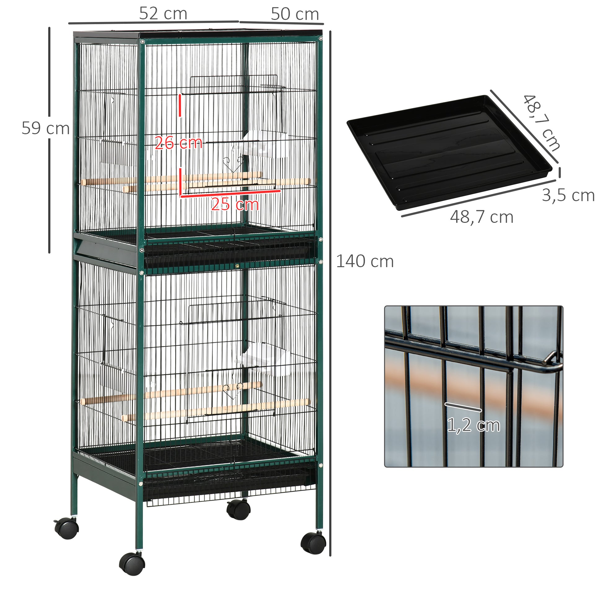 Large Bird Cage on Stand - Double Aviary with Feeders Perches Removable Tray - Wheels - 51.5 x 50 x 140 cm Green Black