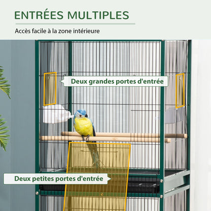 Large Bird Cage on Stand - Double Aviary with Feeders Perches Removable Tray - Wheels - 51.5 x 50 x 140 cm Green Black