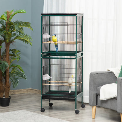 Large Bird Cage on Stand - Double Aviary with Feeders Perches Removable Tray - Wheels - 51.5 x 50 x 140 cm Green Black