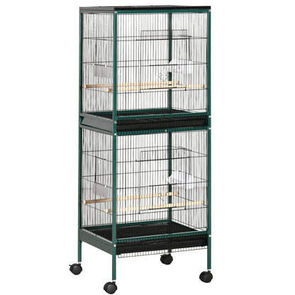 Large Bird Cage on Stand - Double Aviary with Feeders Perches Removable Tray - Wheels - 51.5 x 50 x 140 cm Green Black