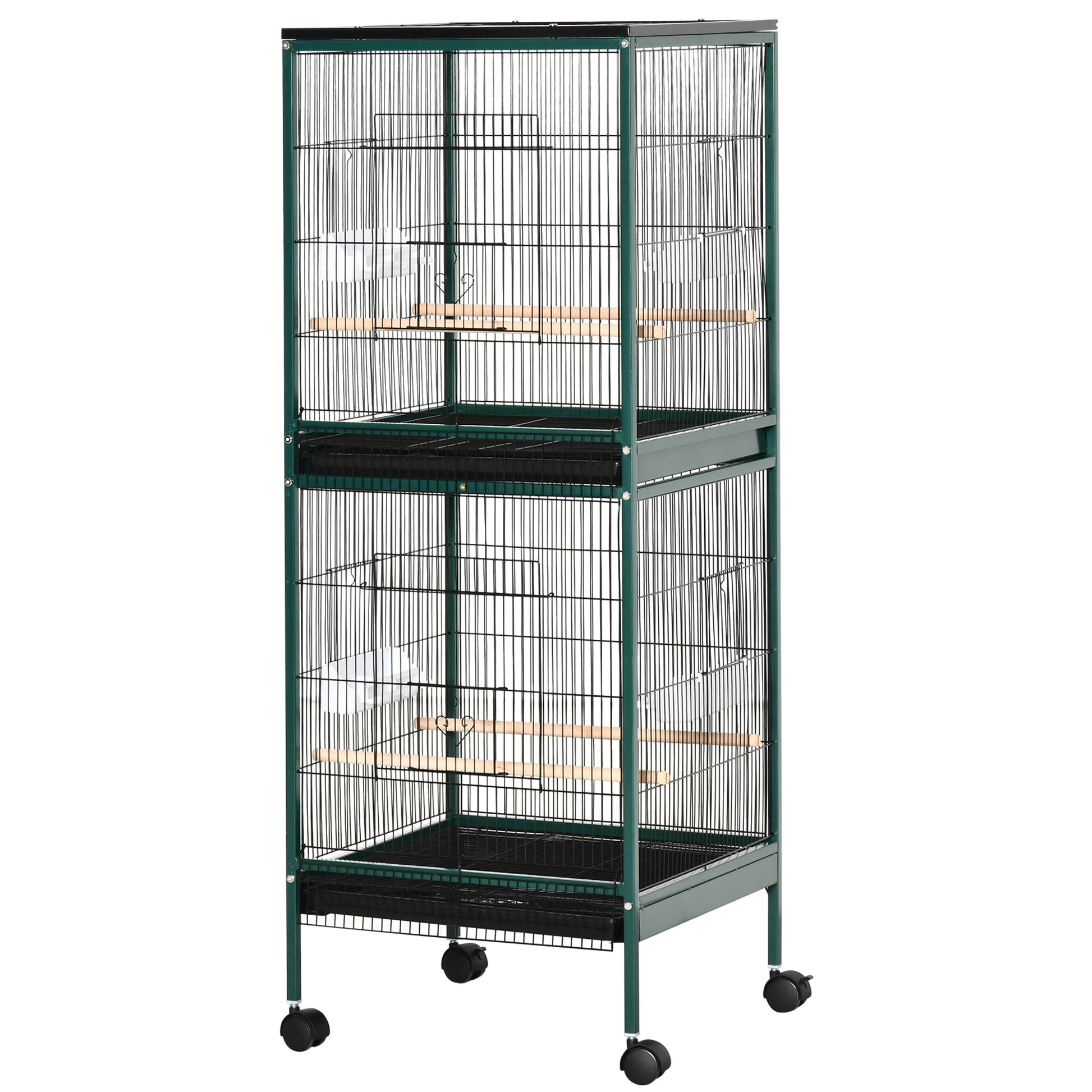 Large Bird Cage on Stand - Double Aviary with Feeders Perches Removable Tray - Wheels - 51.5 x 50 x 140 cm Green Black