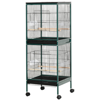 Large Bird Cage on Stand - Double Aviary with Feeders Perches Removable Tray - Wheels - 51.5 x 50 x 140 cm Green Black