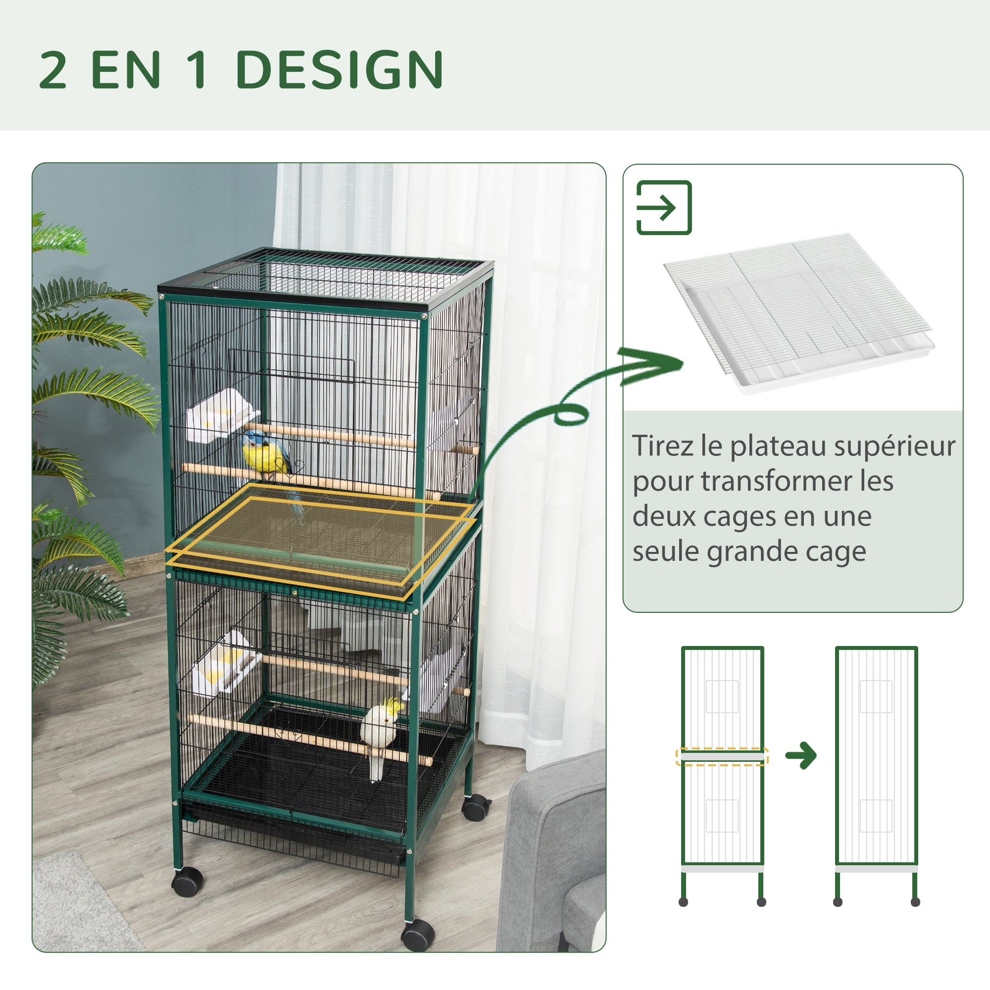 Large Bird Cage on Stand - Double Aviary with Feeders Perches Removable Tray - Wheels - 51.5 x 50 x 140 cm Green Black