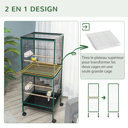 Large Bird Cage on Stand - Double Aviary with Feeders Perches Removable Tray - Wheels - 51.5 x 50 x 140 cm Green Black
