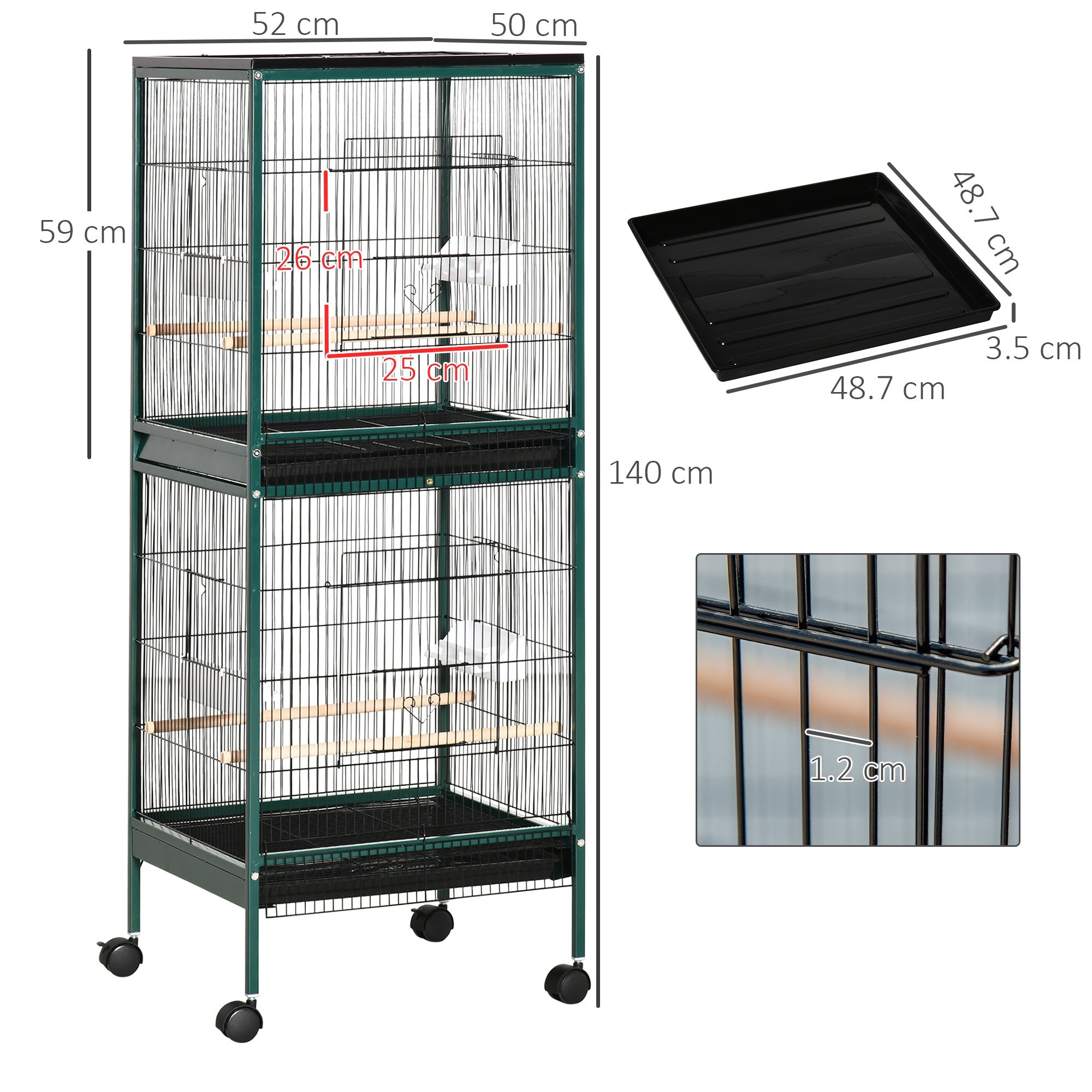 Large Bird Cage on Stand - Double Aviary with Feeders Perches Removable Tray - Wheels - 51.5 x 50 x 140 cm Green Black
