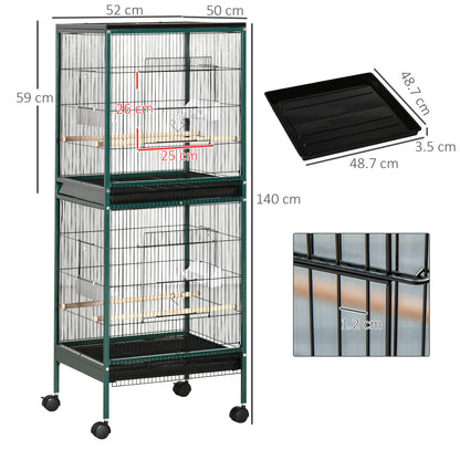 Large Bird Cage on Stand - Double Aviary with Feeders Perches Removable Tray - Wheels - 51.5 x 50 x 140 cm Green Black