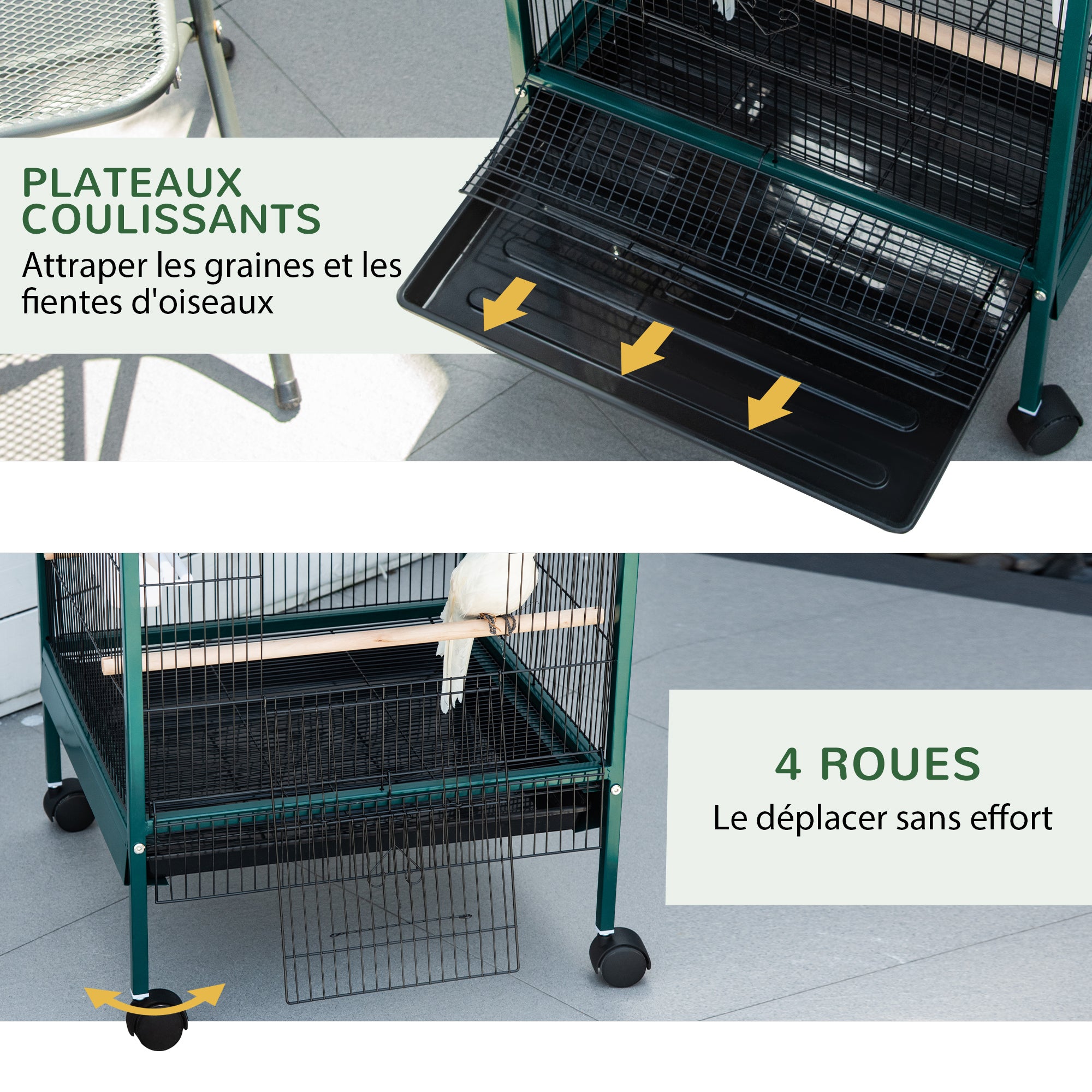 Large Bird Cage on Stand - Double Aviary with Feeders Perches Removable Tray - Wheels - 51.5 x 50 x 140 cm Green Black