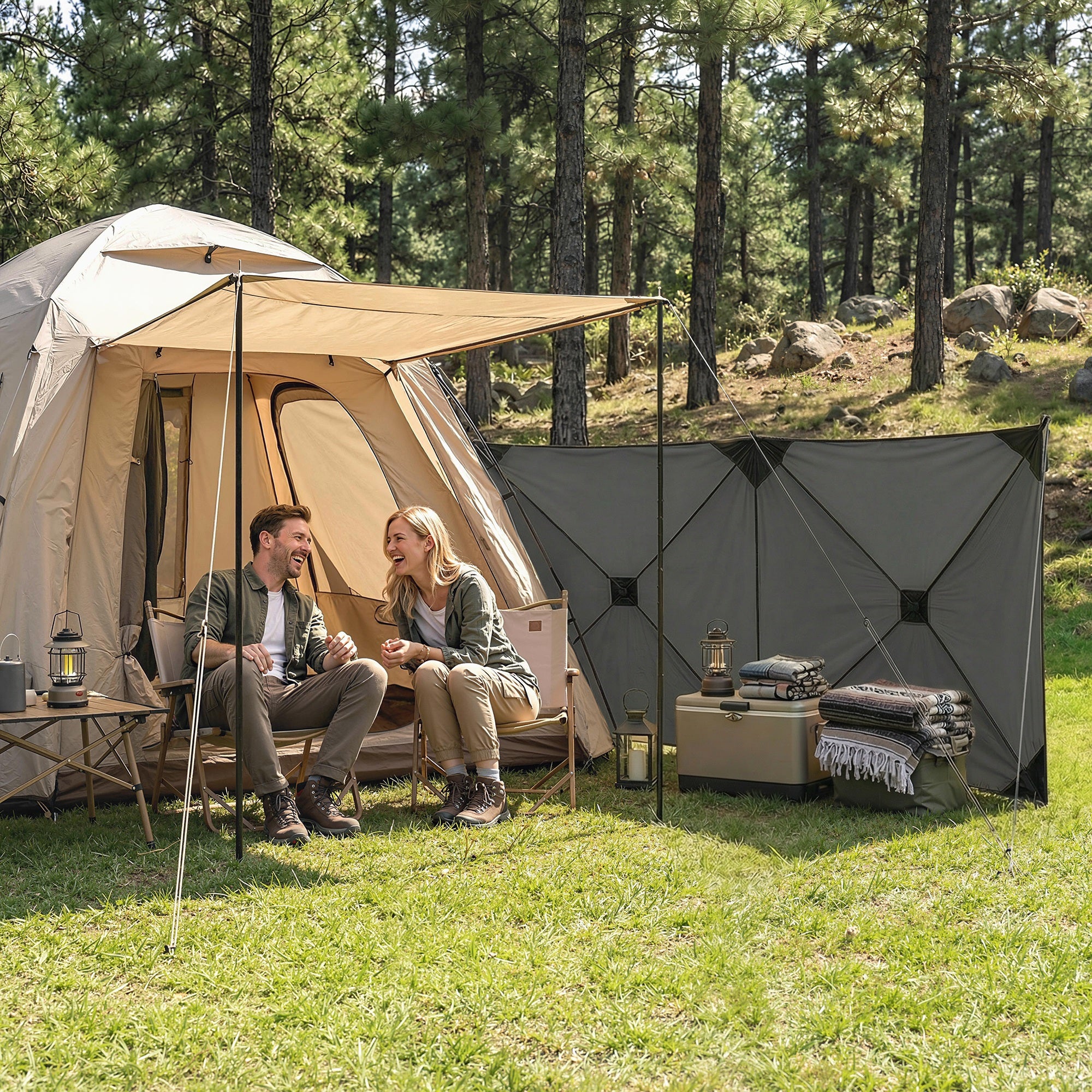 Foldable Windbreak – Camping Privacy Screen with Guy Ropes, Ground Pegs & Carry Bag, 480 x 120 cm (15 ft 9 in x 3 ft 11 in), Dark Gray
