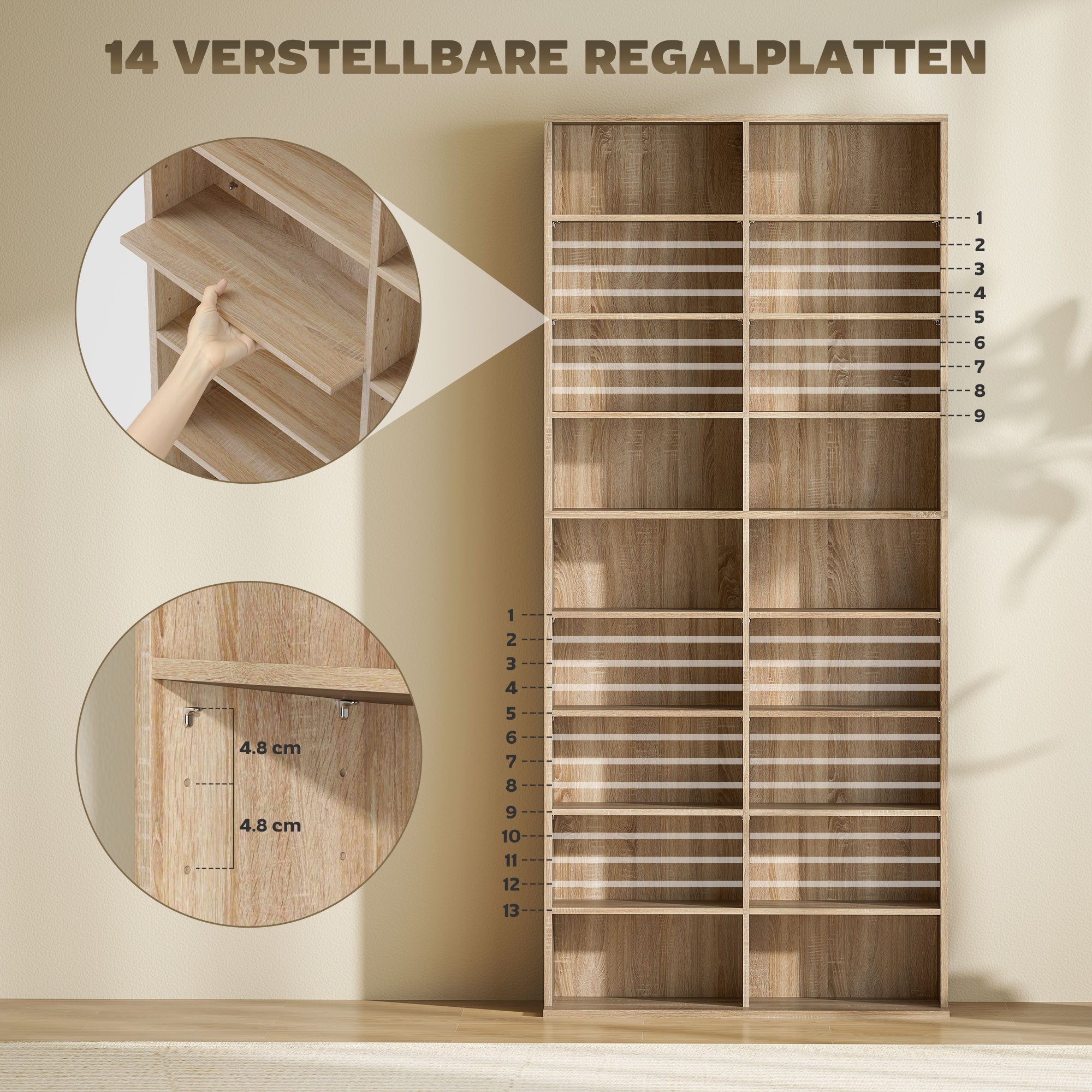 Media Shelf for CDs, DVDs & Blu-rays – Holds up to 640 CDs / 360 DVDs / 430 Blu-rays, Adjustable Shelves, Natural Wood Finish (31 x 9.4 x 68.9 in)