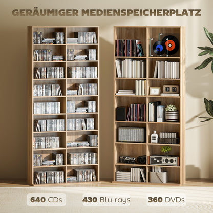 Media Shelf for CDs, DVDs & Blu-rays – Holds up to 640 CDs / 360 DVDs / 430 Blu-rays, Adjustable Shelves, Natural Wood Finish (31 x 9.4 x 68.9 in)