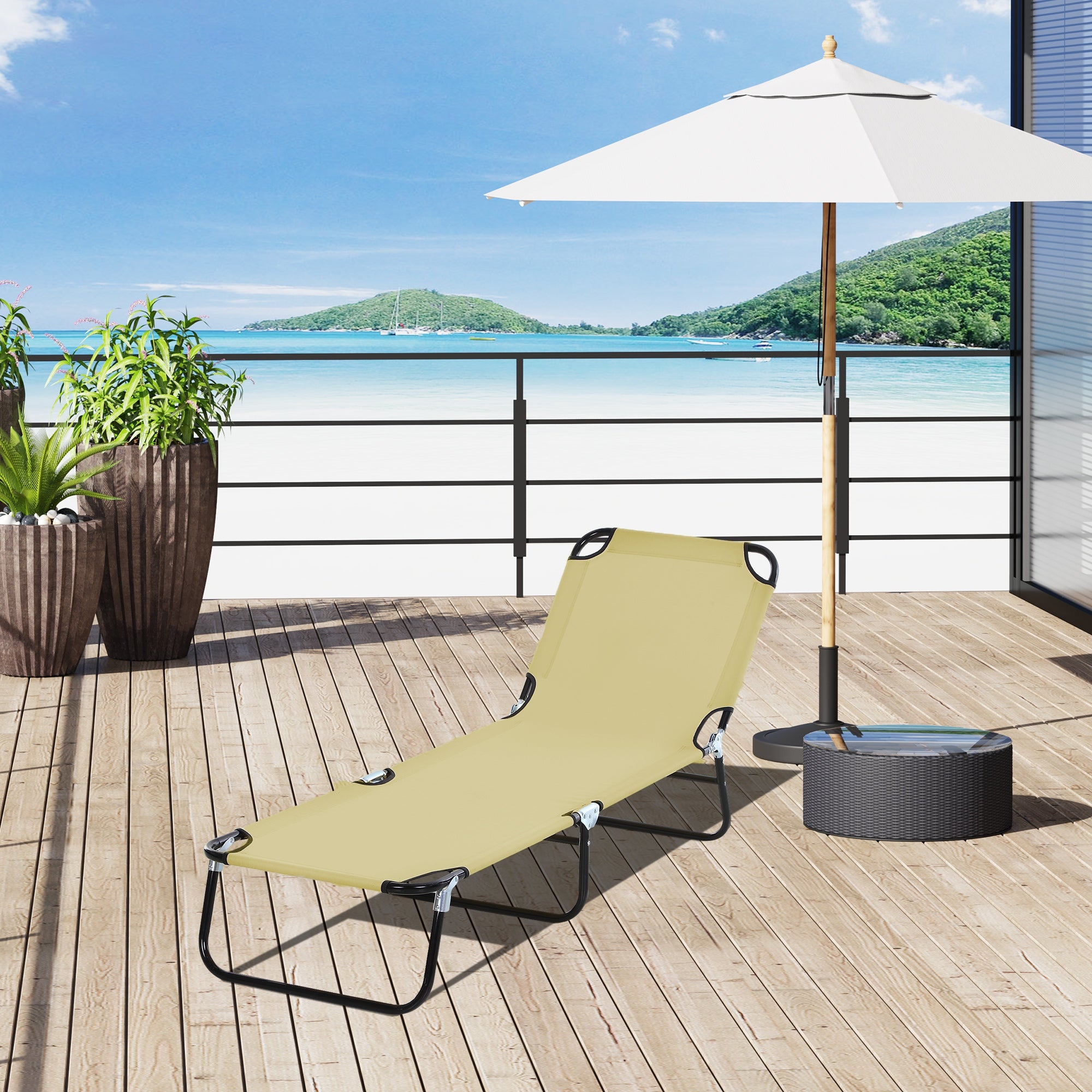 Folding Sun Lounger with 5-Position Adjustable Backrest, Weather-Resistant Camping Sun Lounger, Garden Chair Supports up to 120 kg, for Garden Vacation Outdoor Beach Pool, Cream