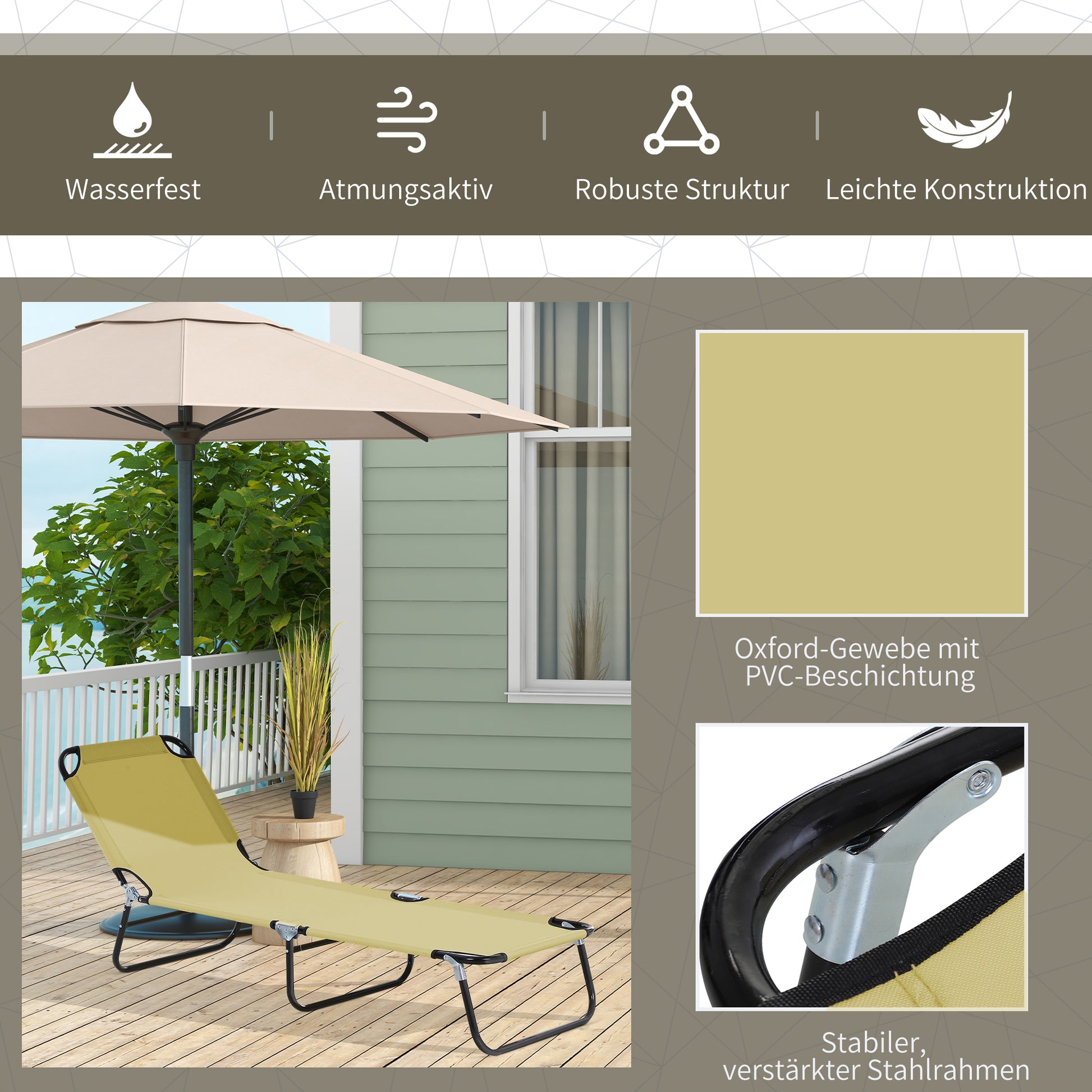 Folding Sun Lounger with 5-Position Adjustable Backrest, Weather-Resistant Camping Sun Lounger, Garden Chair Supports up to 120 kg, for Garden Vacation Outdoor Beach Pool, Cream