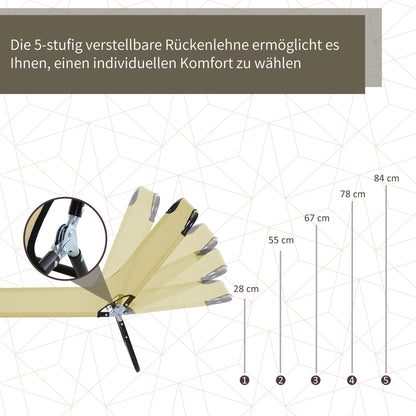 Folding Sun Lounger with 5-Position Adjustable Backrest, Weather-Resistant Camping Sun Lounger, Garden Chair Supports up to 120 kg, for Garden Vacation Outdoor Beach Pool, Cream