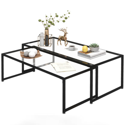 2-Piece Glass Coffee Table Set Side Table, Glass Top Coffee Table, Nesting Table, Living Room Table, Glass Table for Bedroom, Living Room Black