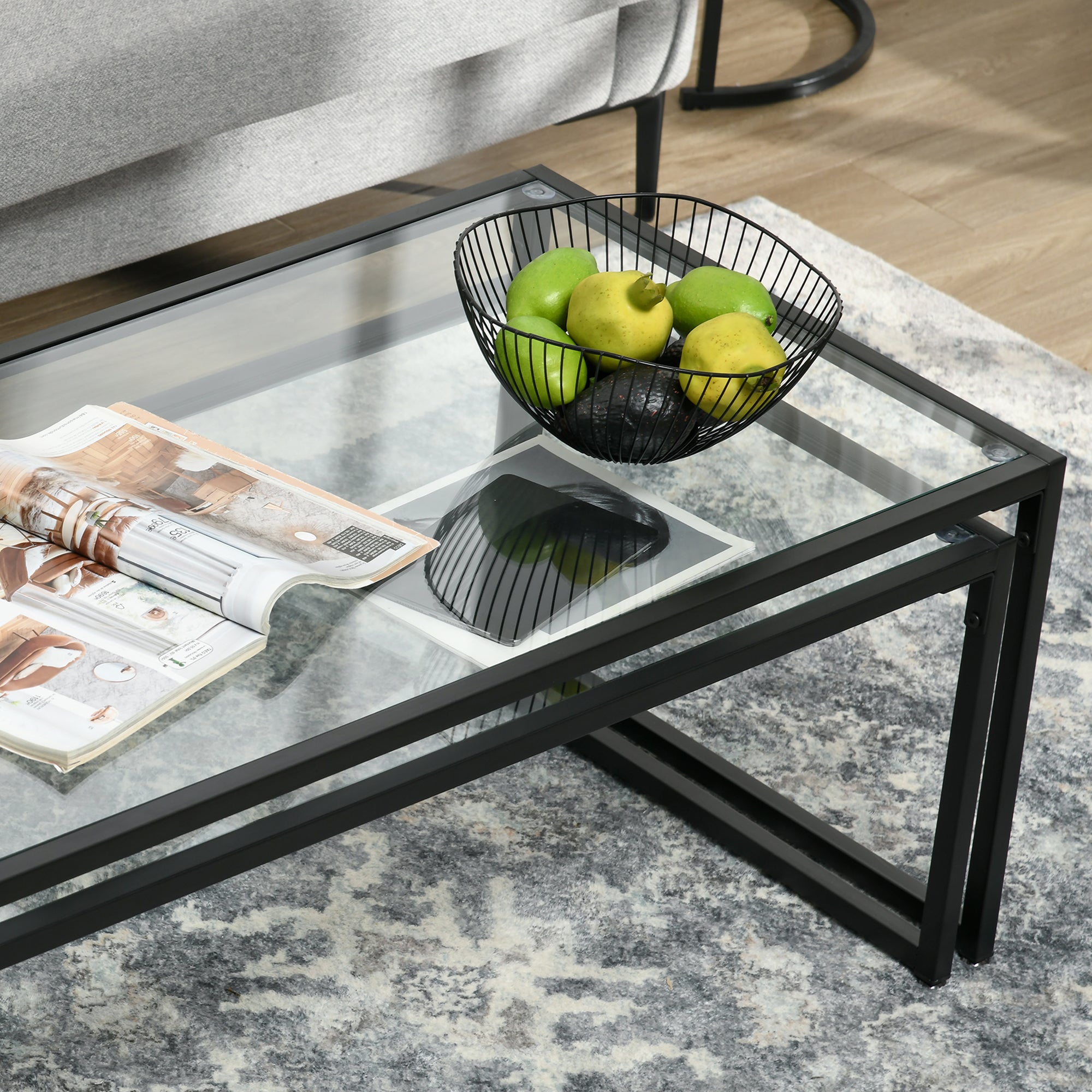 2-Piece Glass Coffee Table Set Side Table, Glass Top Coffee Table, Nesting Table, Living Room Table, Glass Table for Bedroom, Living Room Black