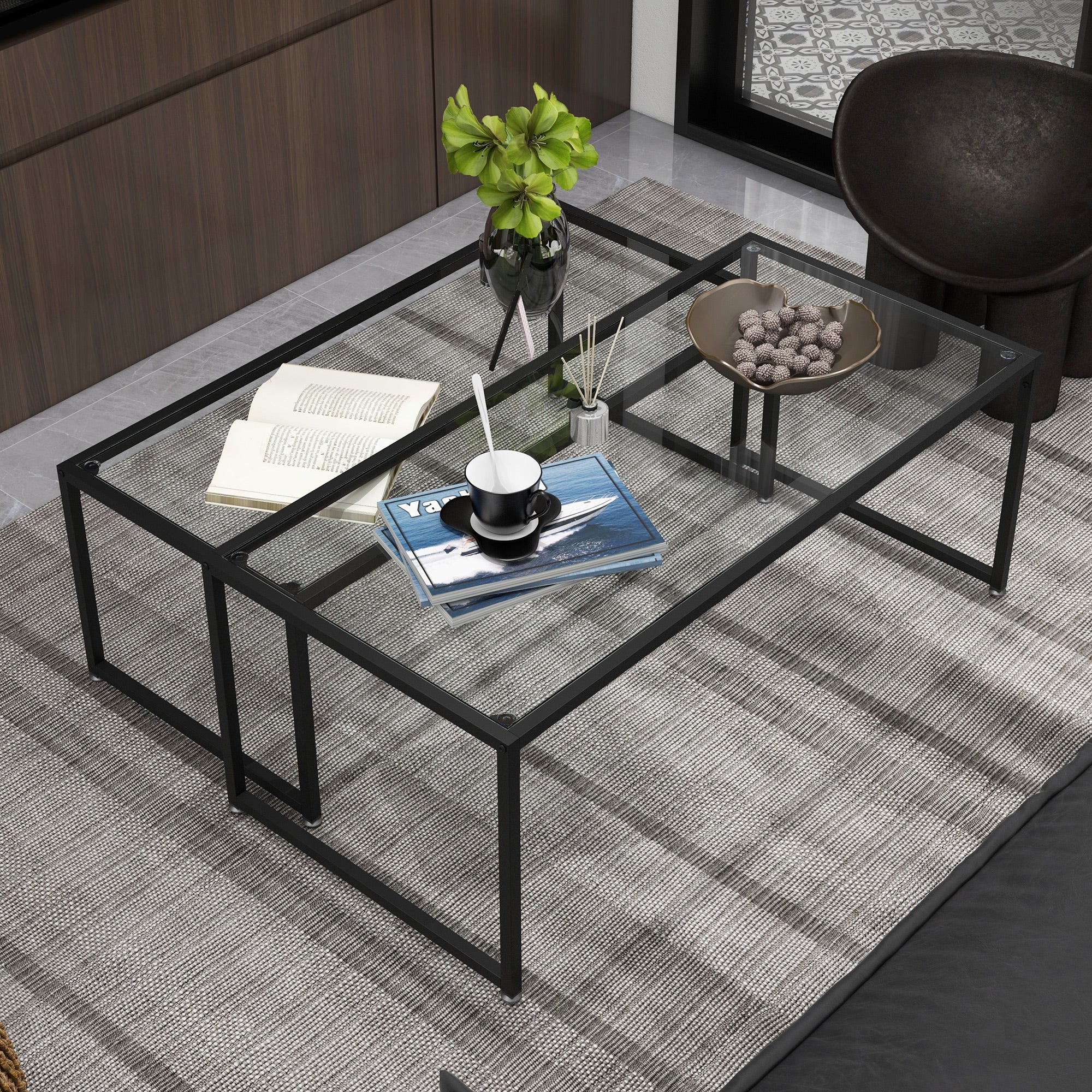 2-Piece Glass Coffee Table Set Side Table, Glass Top Coffee Table, Nesting Table, Living Room Table, Glass Table for Bedroom, Living Room Black