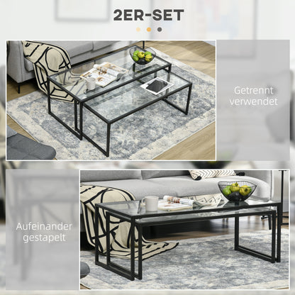 2-Piece Glass Coffee Table Set Side Table, Glass Top Coffee Table, Nesting Table, Living Room Table, Glass Table for Bedroom, Living Room Black