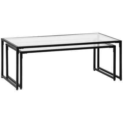 2-Piece Glass Coffee Table Set Side Table, Glass Top Coffee Table, Nesting Table, Living Room Table, Glass Table for Bedroom, Living Room Black