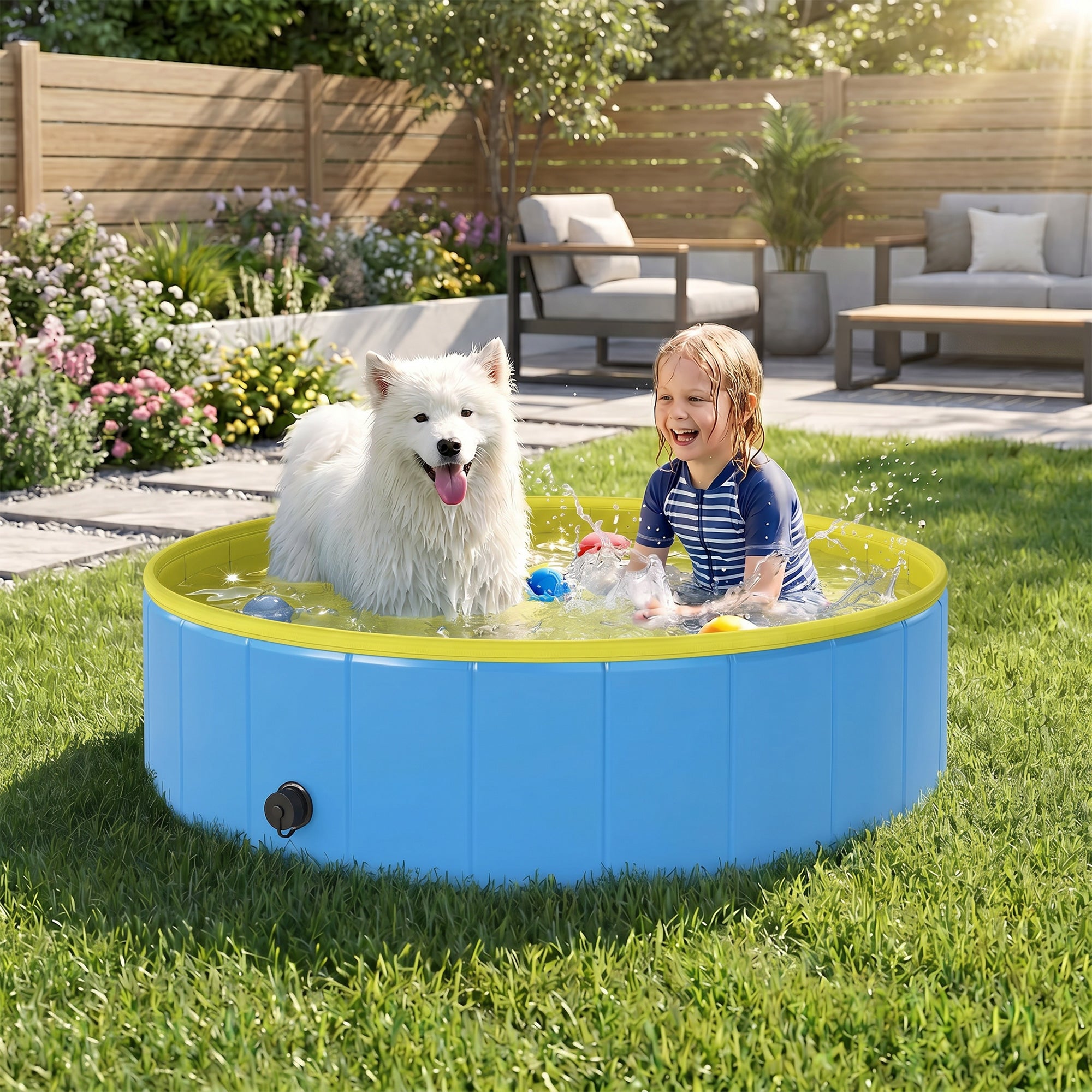 Foldable Dog Pool for Medium & Large Dogs, 120 x 30 cm (47 x 12 in) – Non-Slip Portable Pet Paddling Pool – Blue